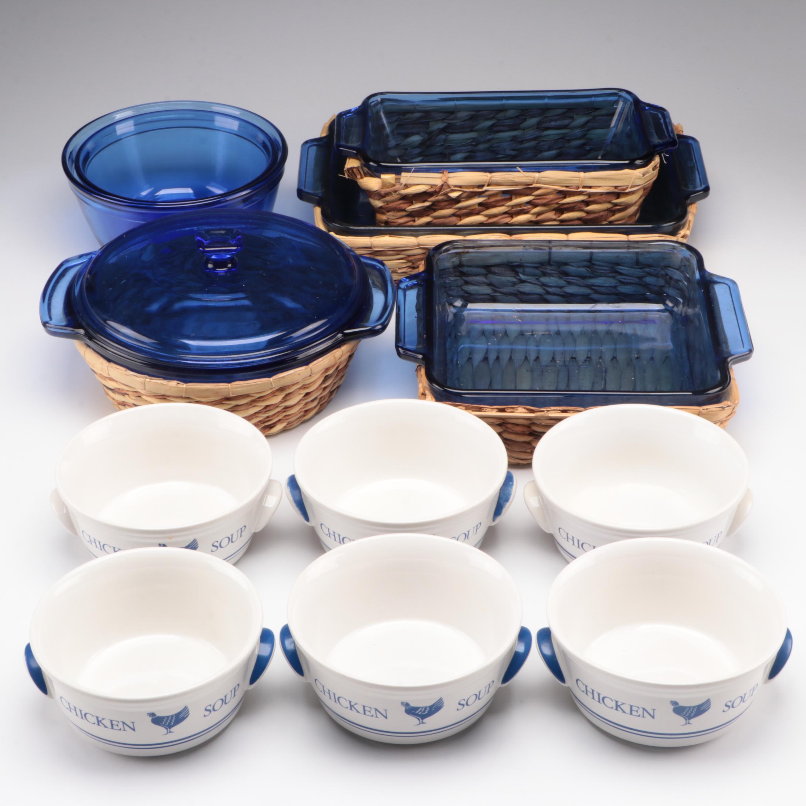 Pyrex and Anchor Hocking Cobalt Glass Baking Dishes with Ceramic Soup Bowls