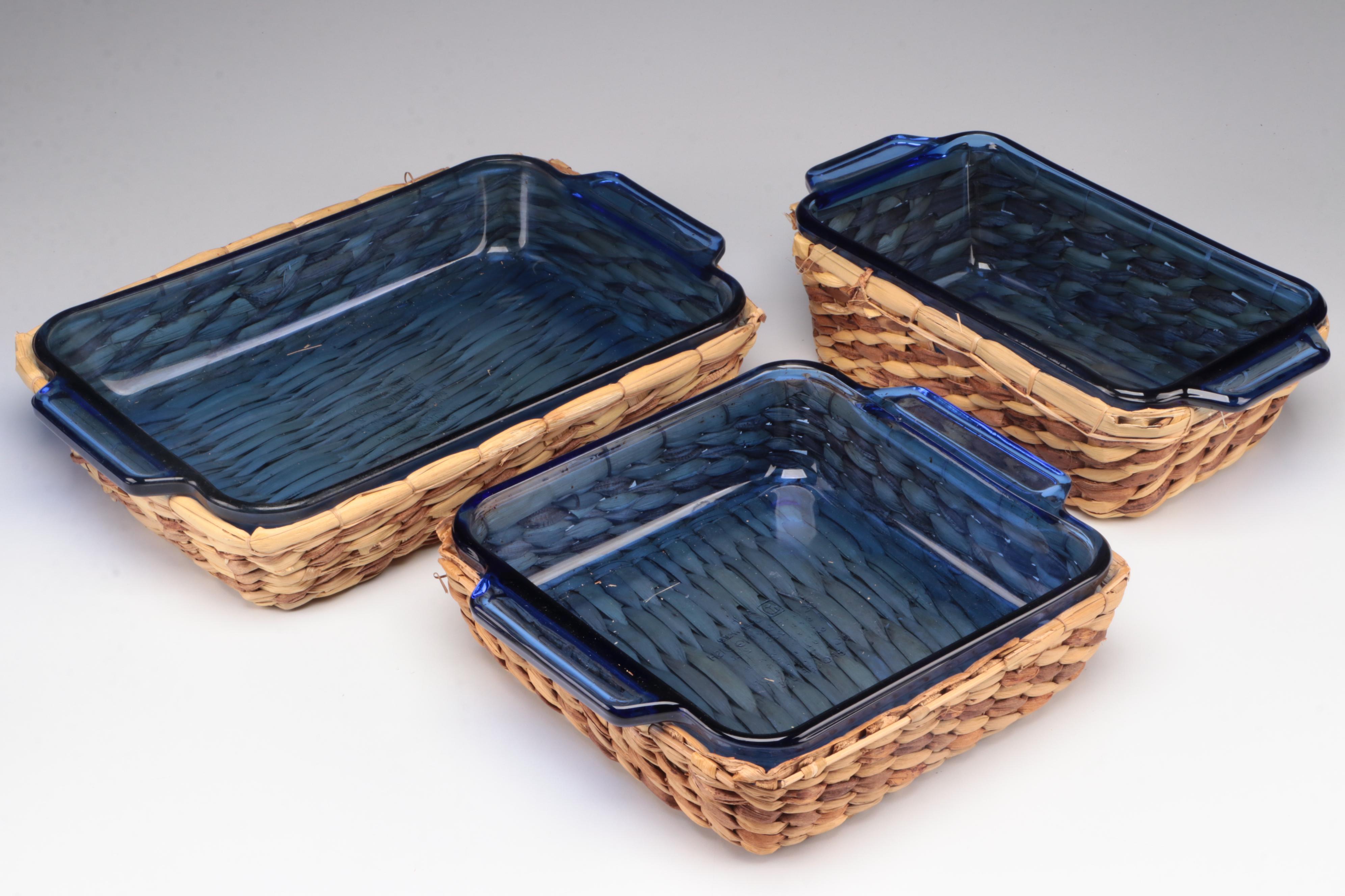 Pyrex and Anchor Hocking Cobalt Glass Baking Dishes with Ceramic Soup Bowls