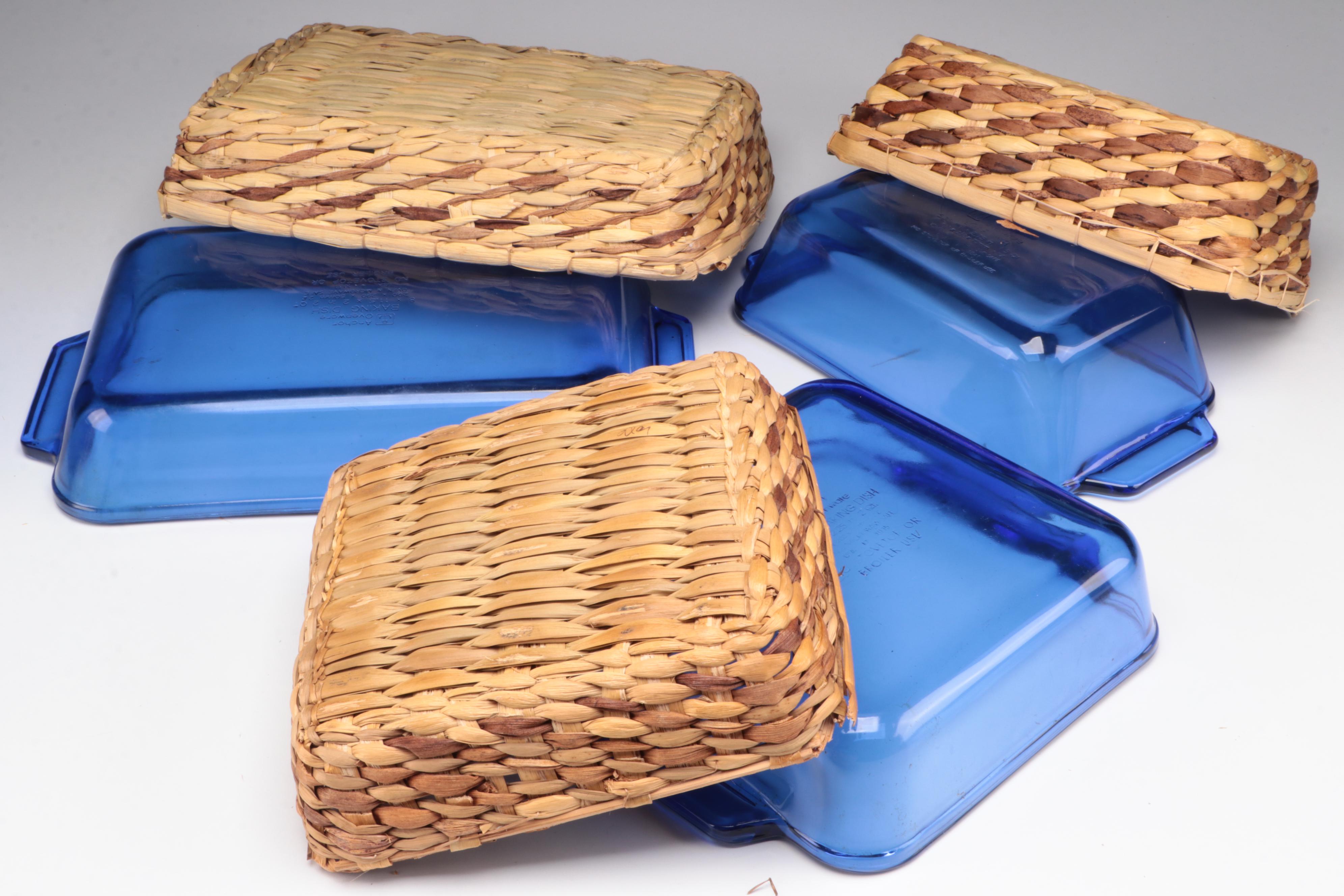 Pyrex and Anchor Hocking Cobalt Glass Baking Dishes with Ceramic Soup Bowls