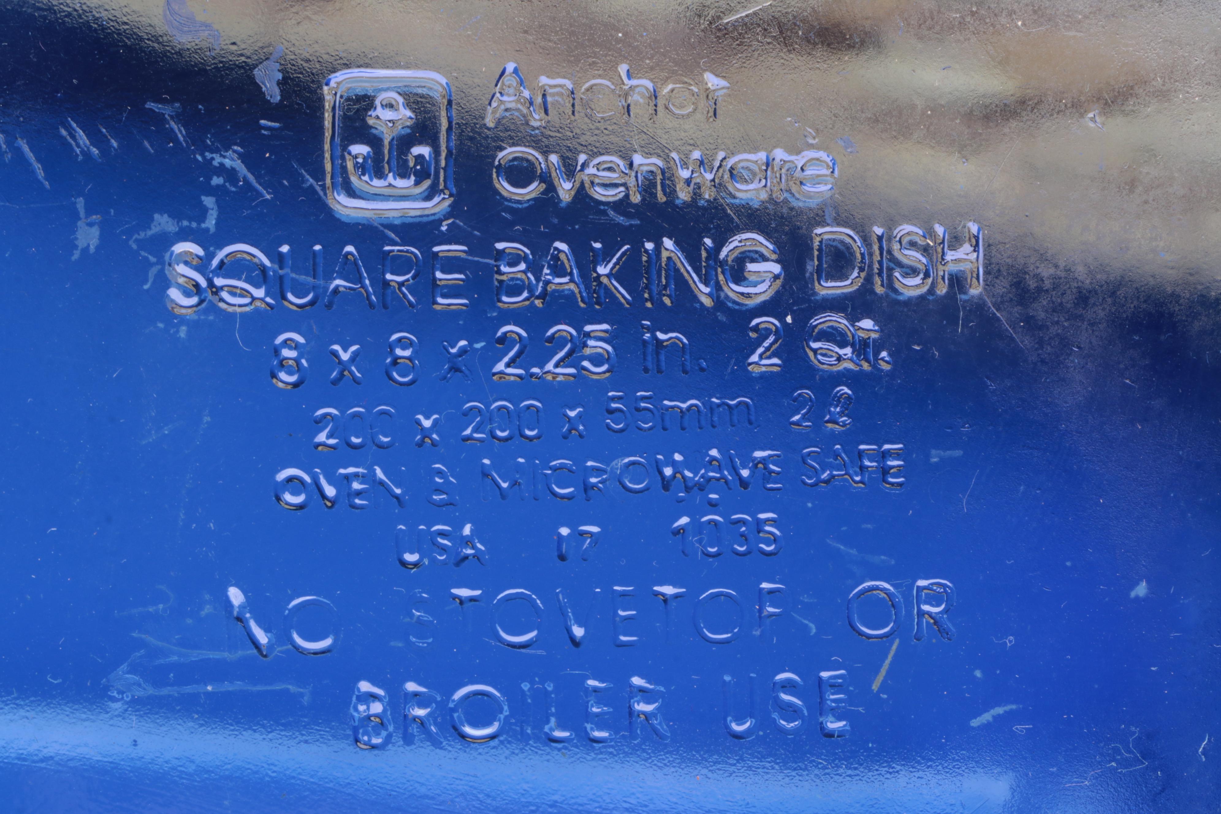 Pyrex and Anchor Hocking Cobalt Glass Baking Dishes with Ceramic Soup Bowls