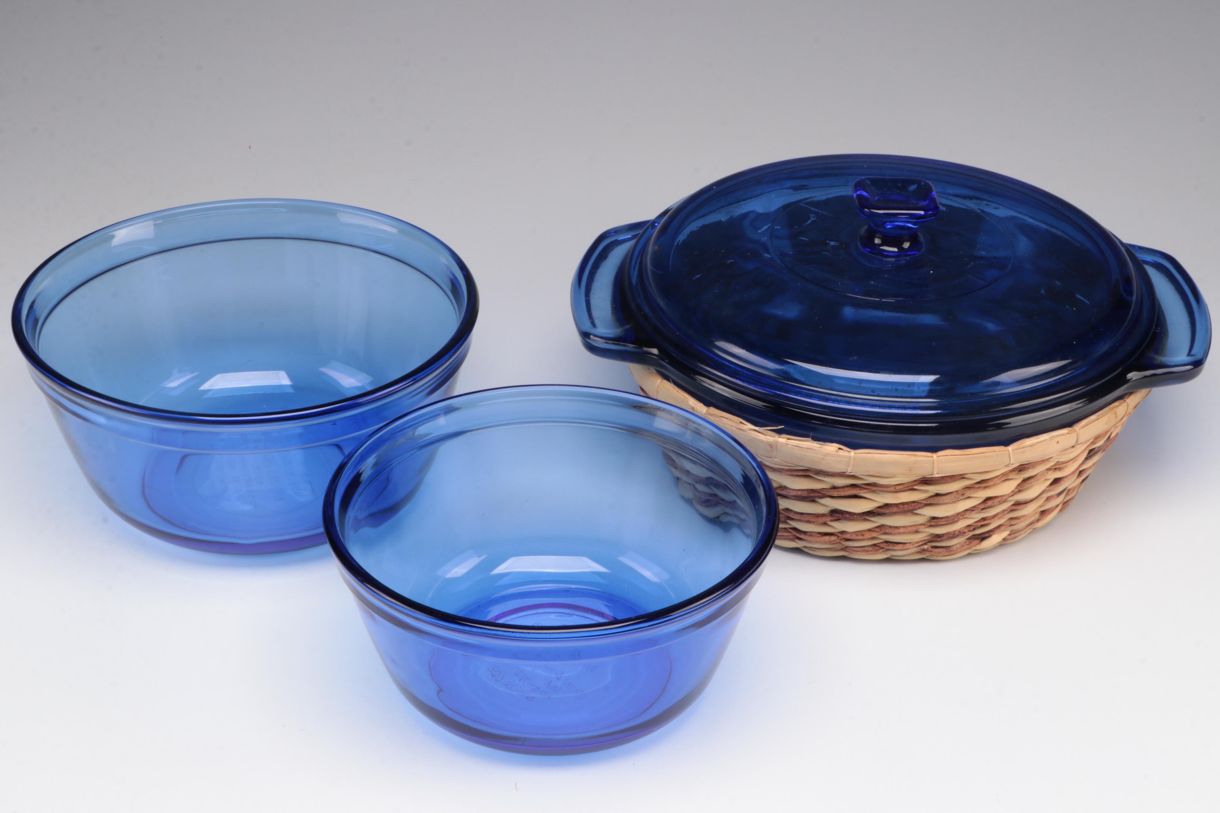 Pyrex and Anchor Hocking Cobalt Glass Baking Dishes with Ceramic Soup Bowls