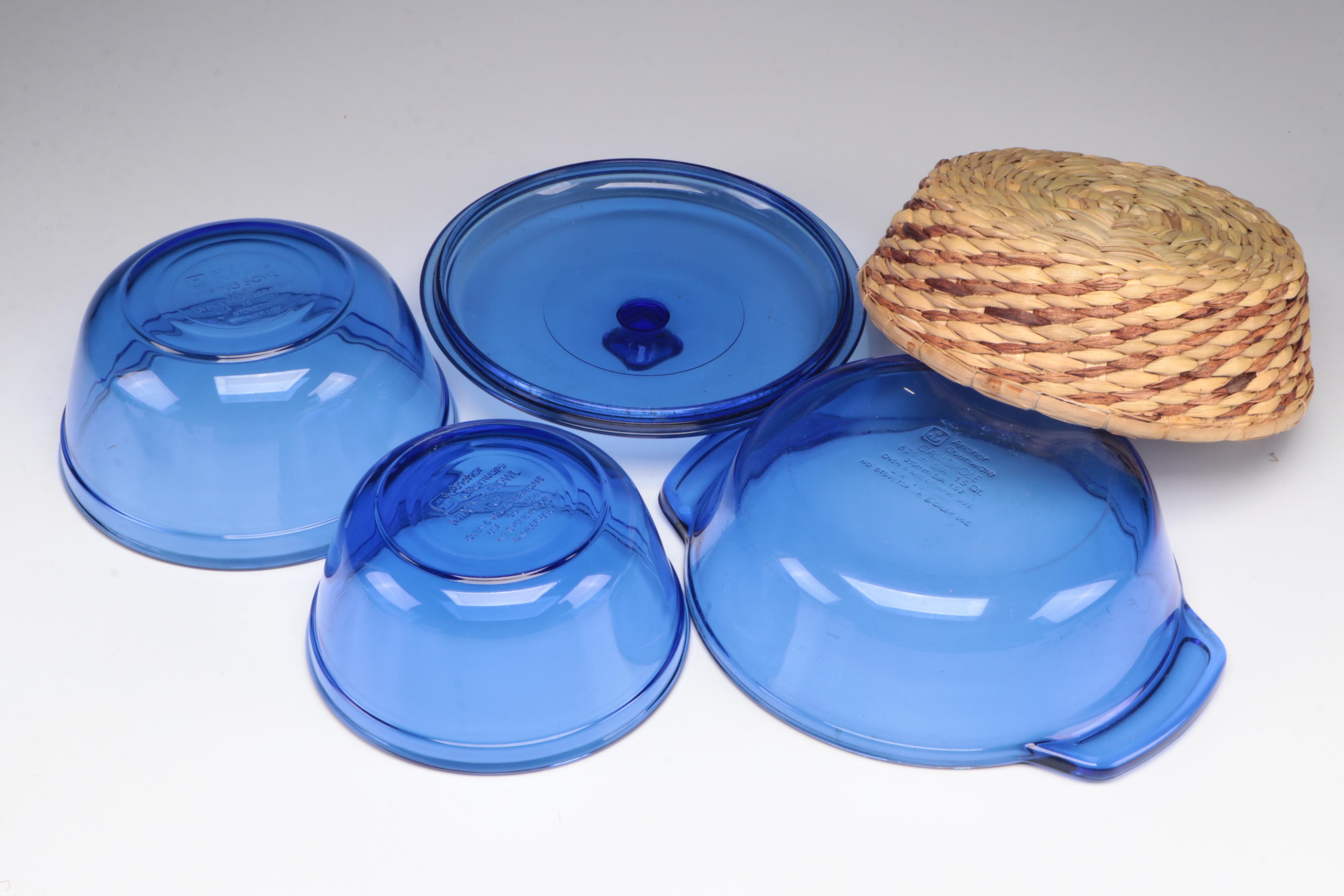 Pyrex and Anchor Hocking Cobalt Glass Baking Dishes with Ceramic Soup Bowls