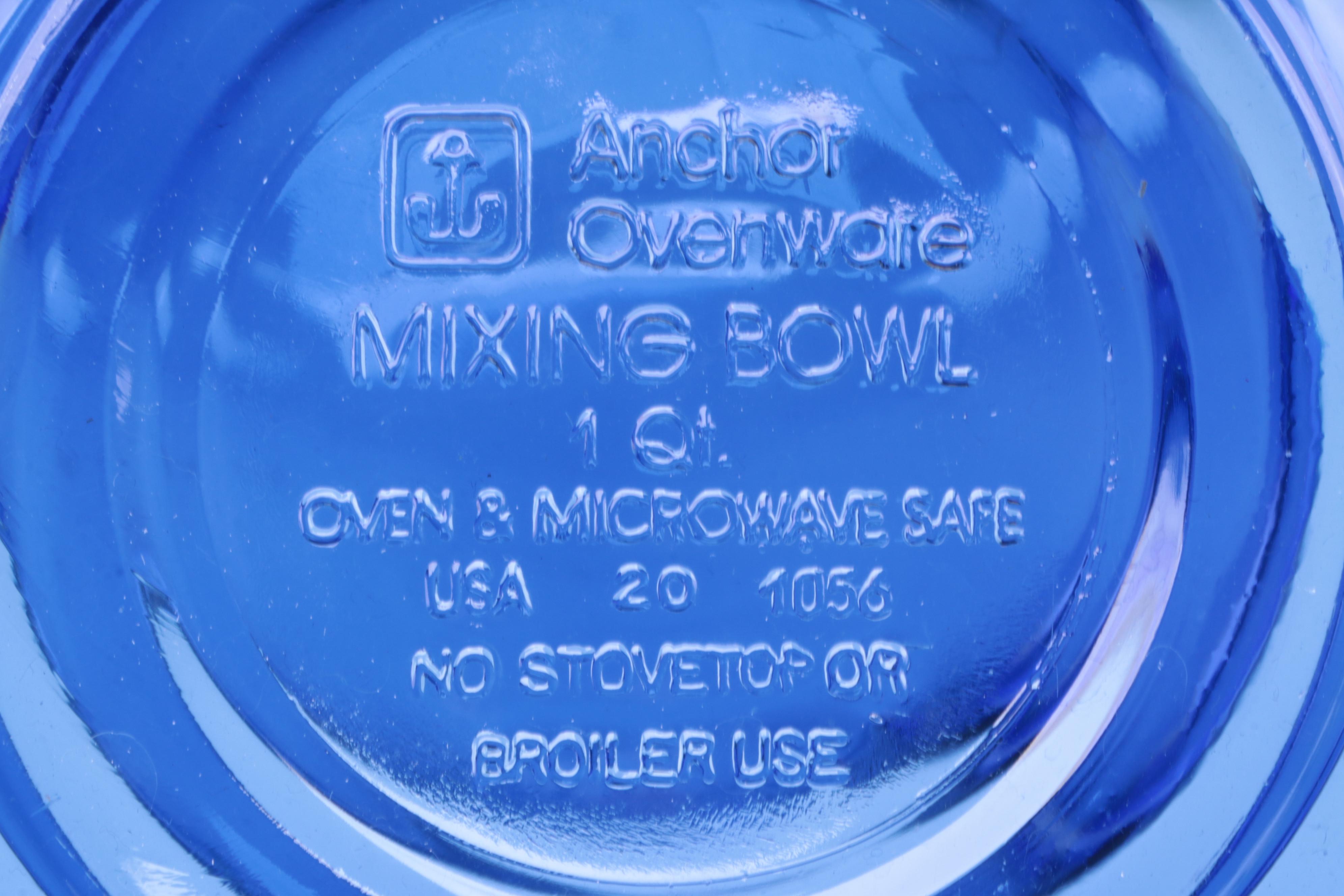 Pyrex and Anchor Hocking Cobalt Glass Baking Dishes with Ceramic Soup Bowls