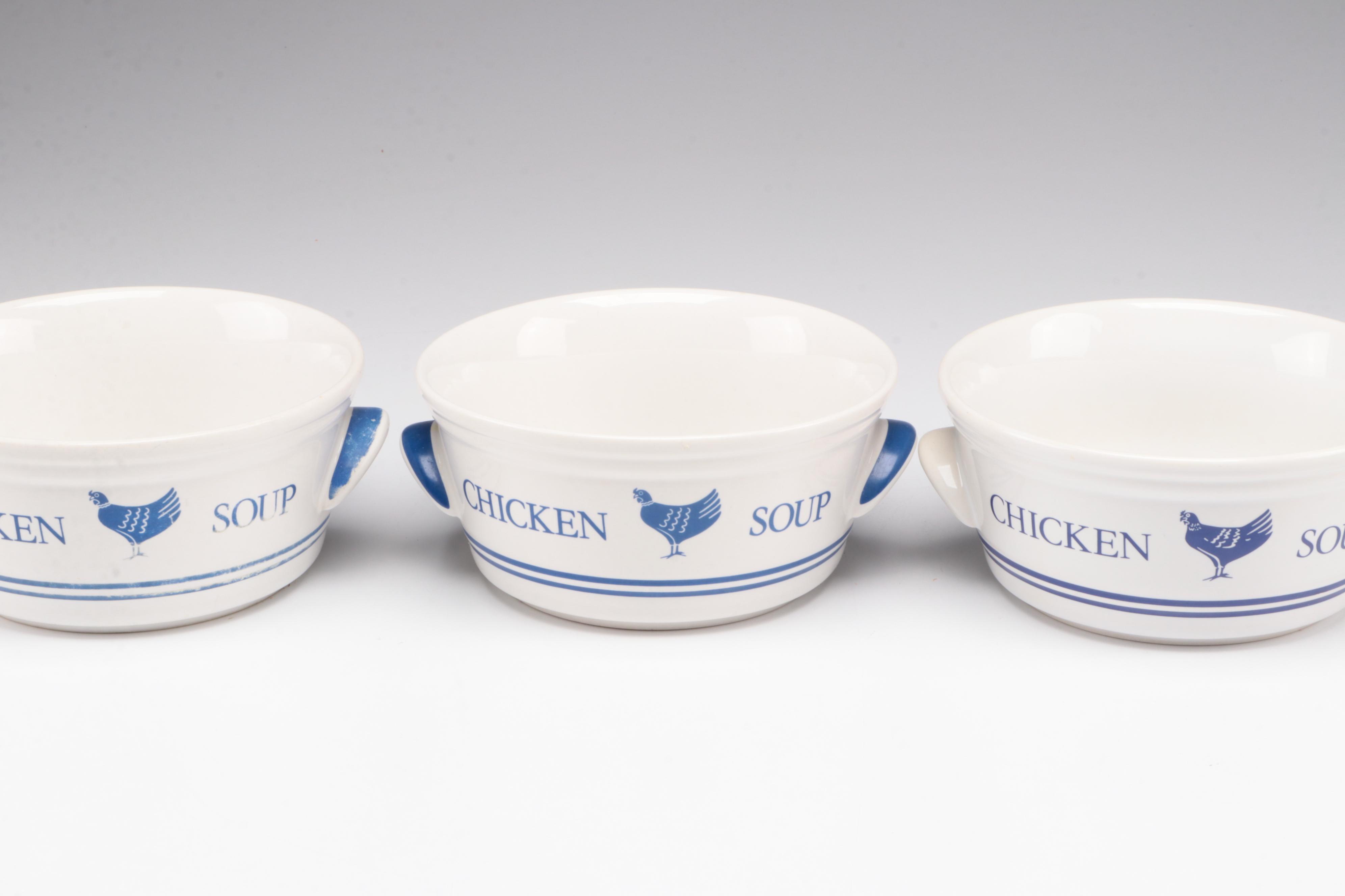 Pyrex and Anchor Hocking Cobalt Glass Baking Dishes with Ceramic Soup Bowls