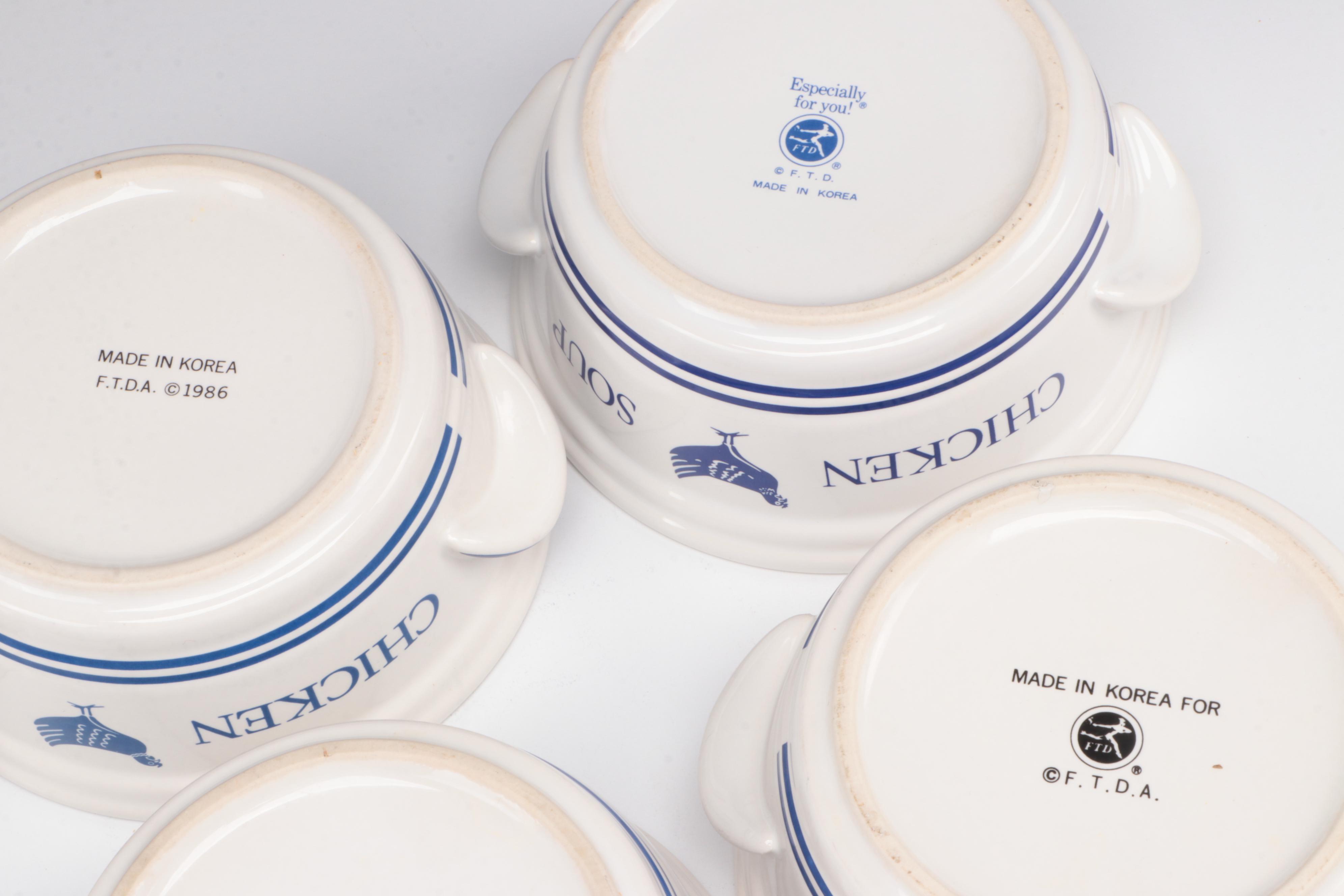 Pyrex and Anchor Hocking Cobalt Glass Baking Dishes with Ceramic Soup Bowls