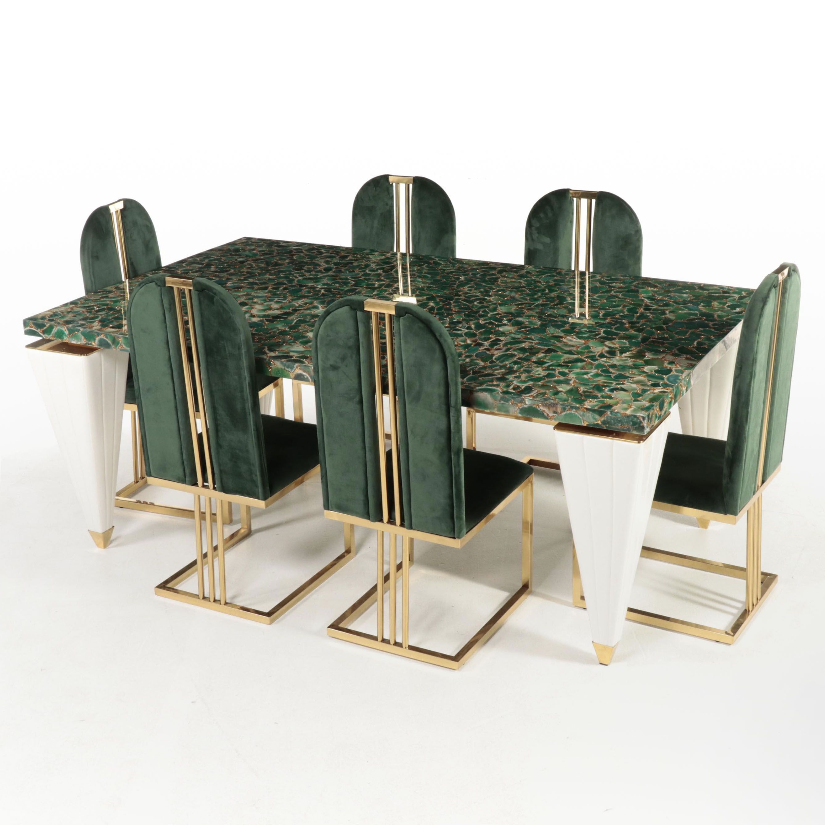 *Neuu Design Emporium Resin, Emerald-Green Stone, Brass and Leather Dining Table