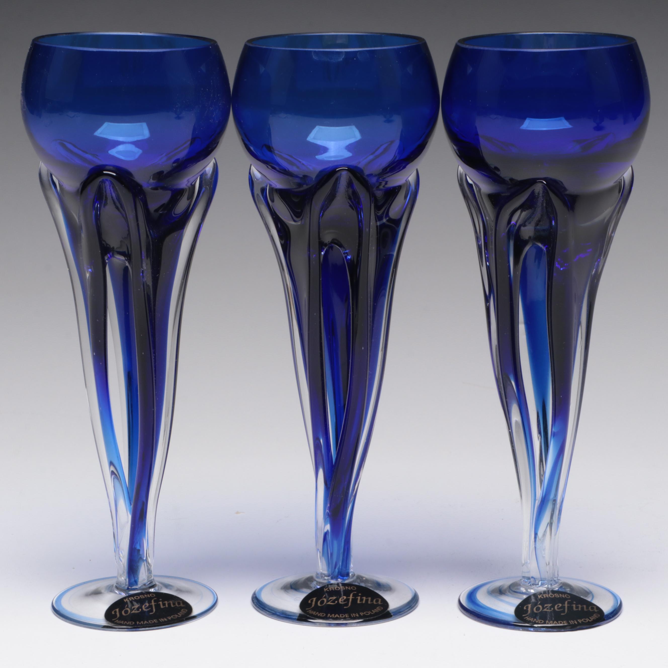 Jozefina Polish Glass Wine Glasses with English Cobalt and Silver Plate Basket