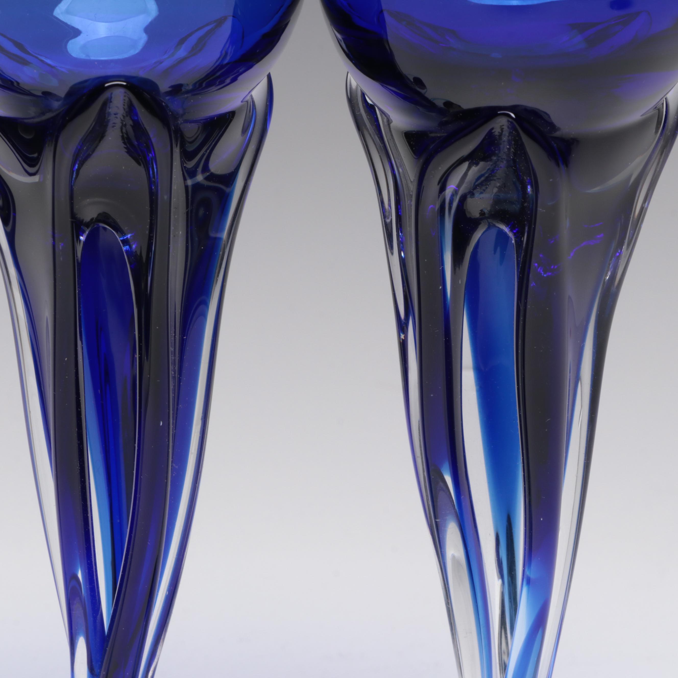 Jozefina Polish Glass Wine Glasses with English Cobalt and Silver Plate Basket