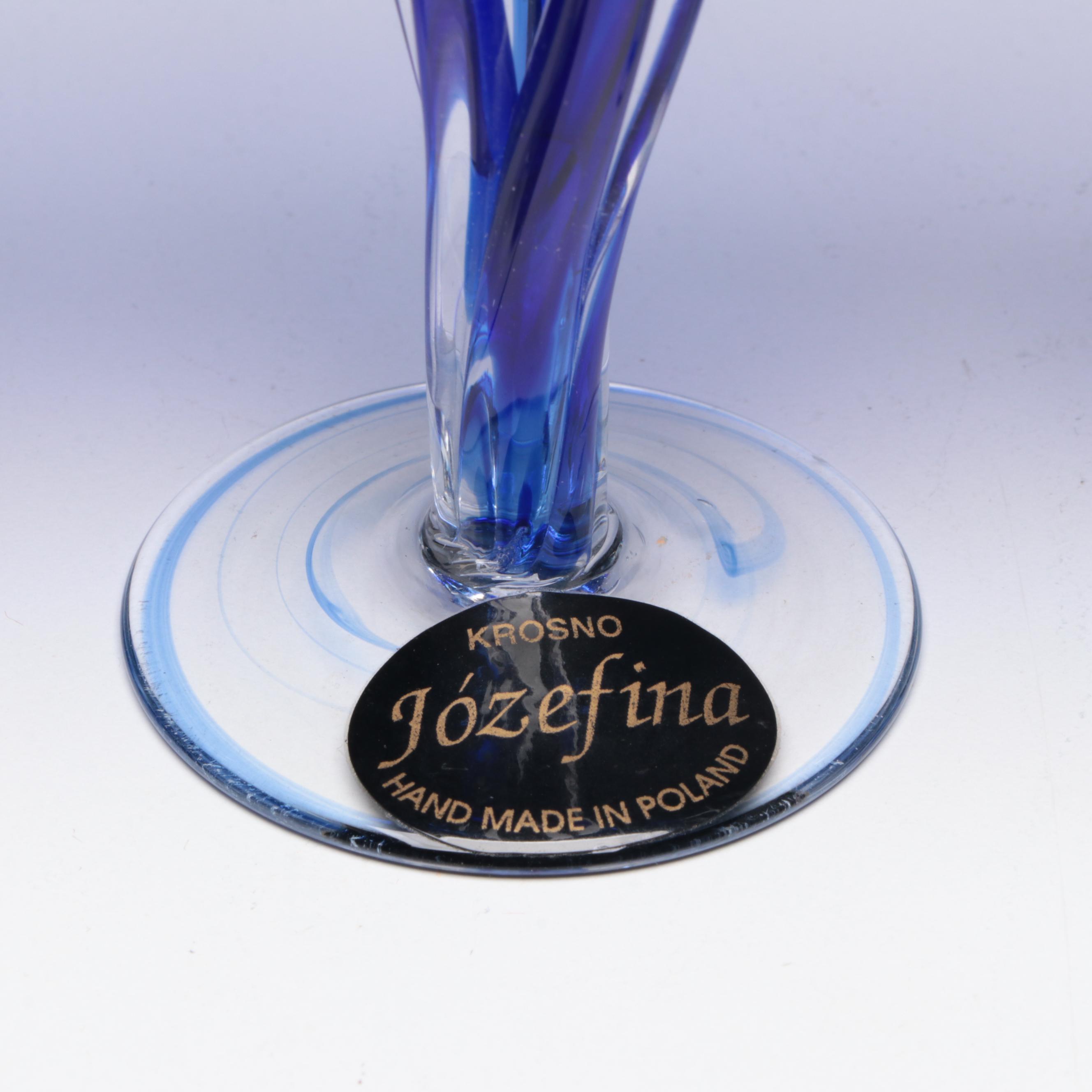Jozefina Polish Glass Wine Glasses with English Cobalt and Silver Plate Basket