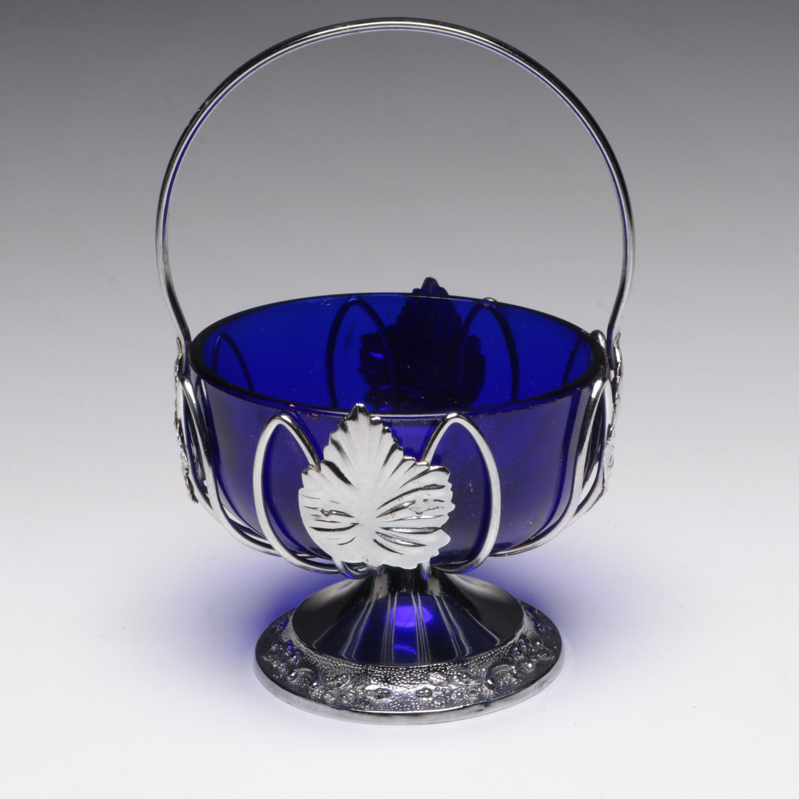 Jozefina Polish Glass Wine Glasses with English Cobalt and Silver Plate Basket