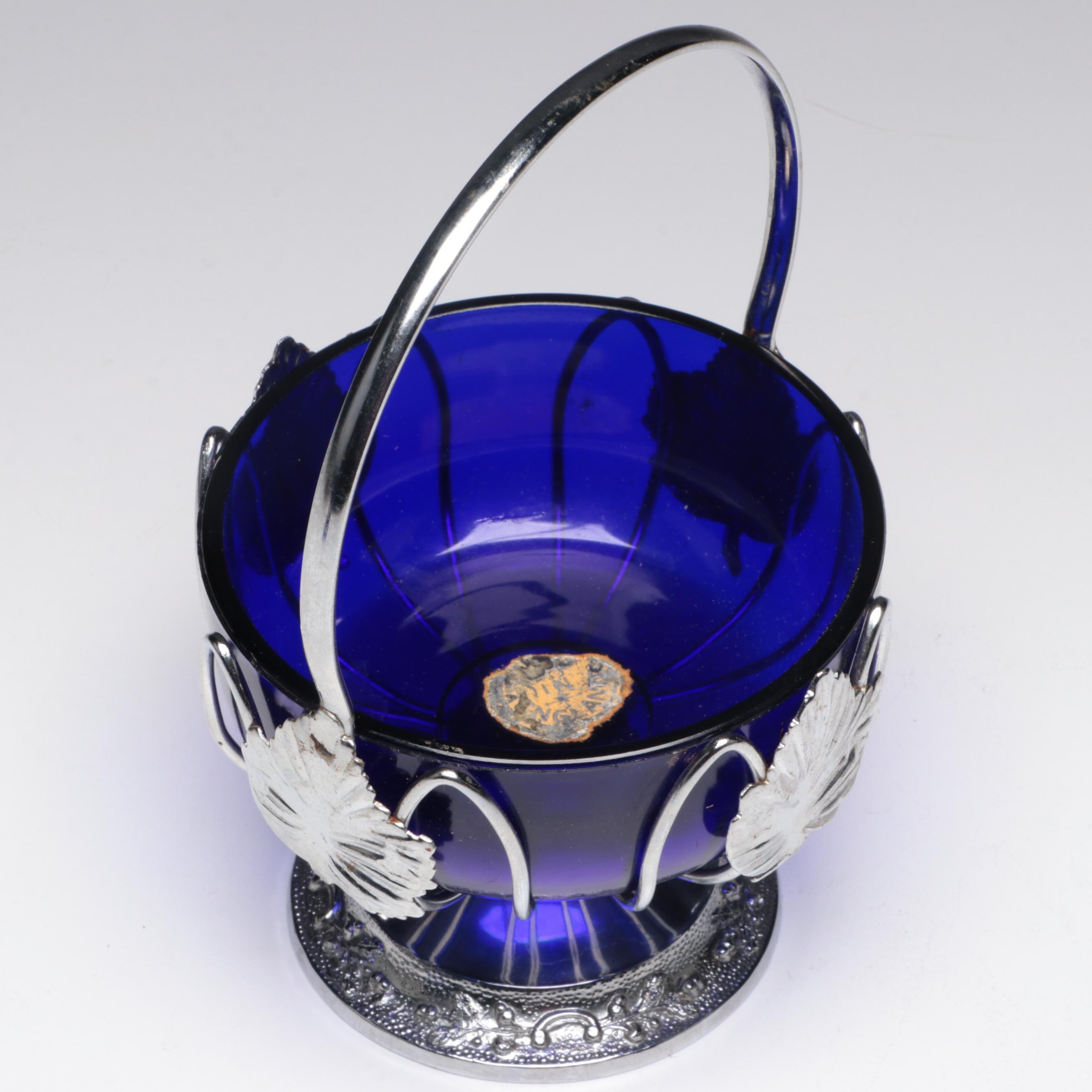 Jozefina Polish Glass Wine Glasses with English Cobalt and Silver Plate Basket