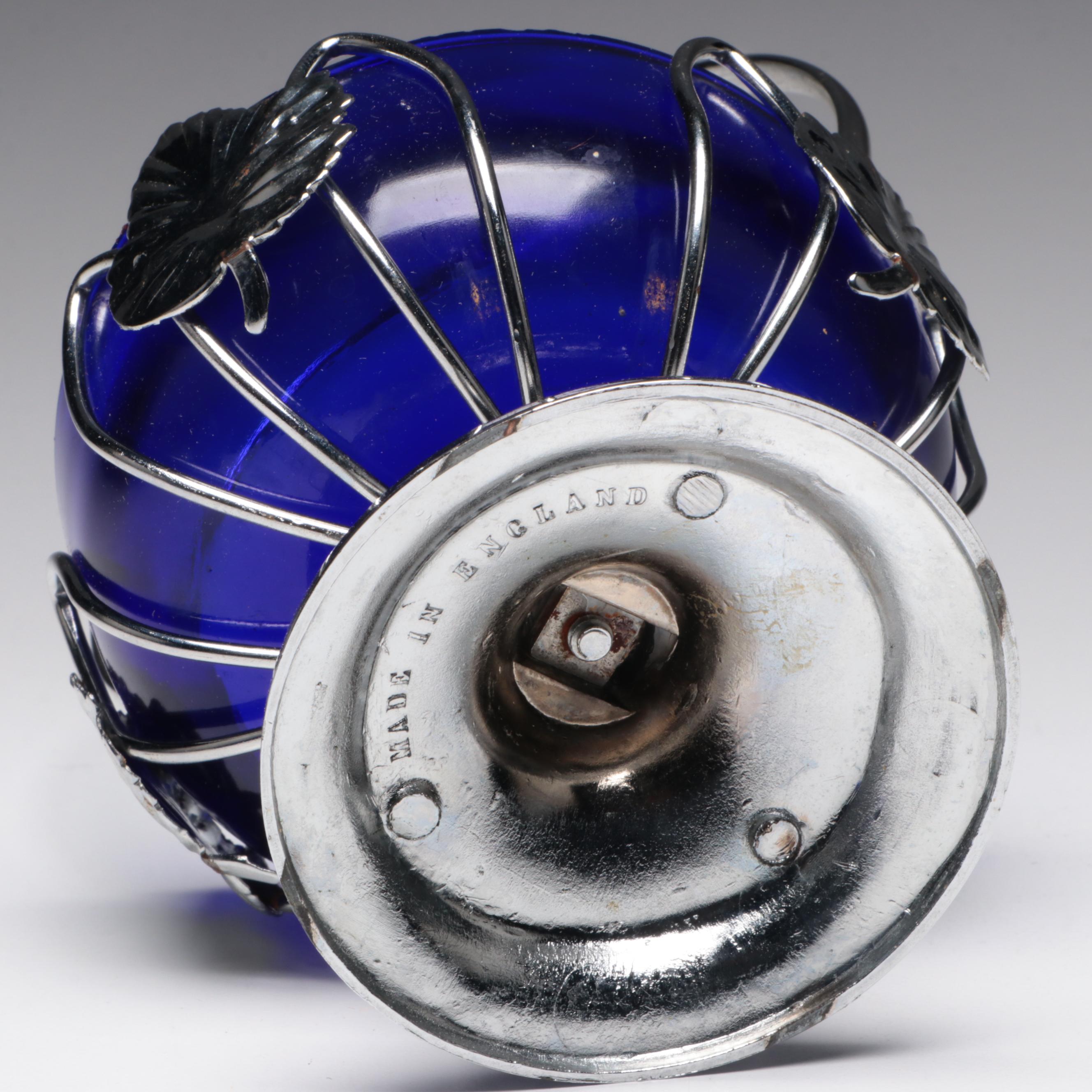 Jozefina Polish Glass Wine Glasses with English Cobalt and Silver Plate Basket