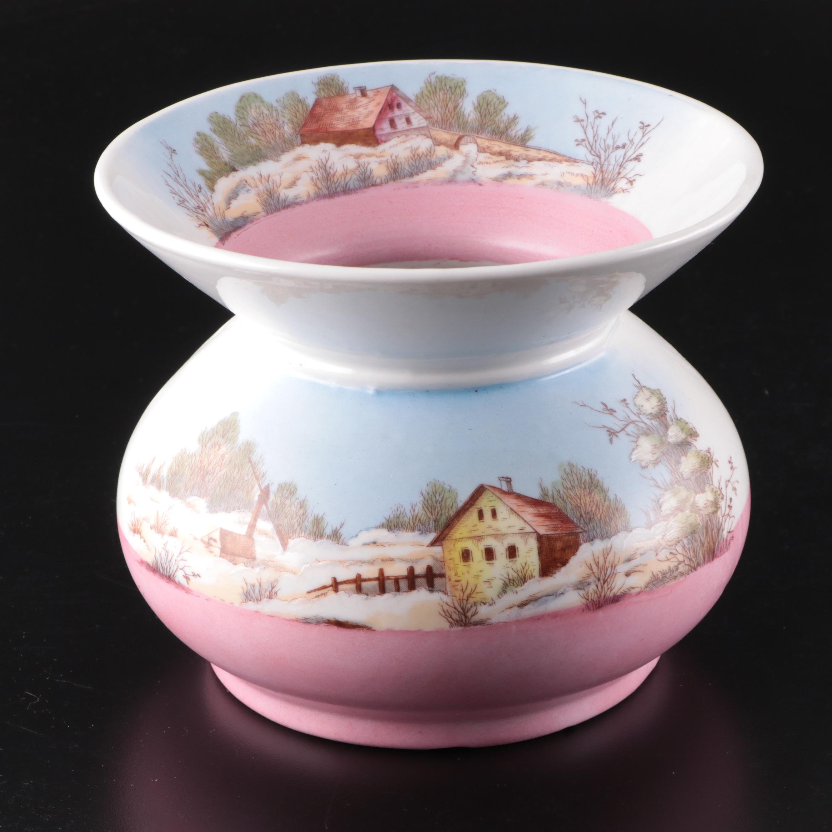 Ceramic Spittoon with Painted Snowy Scene and More
