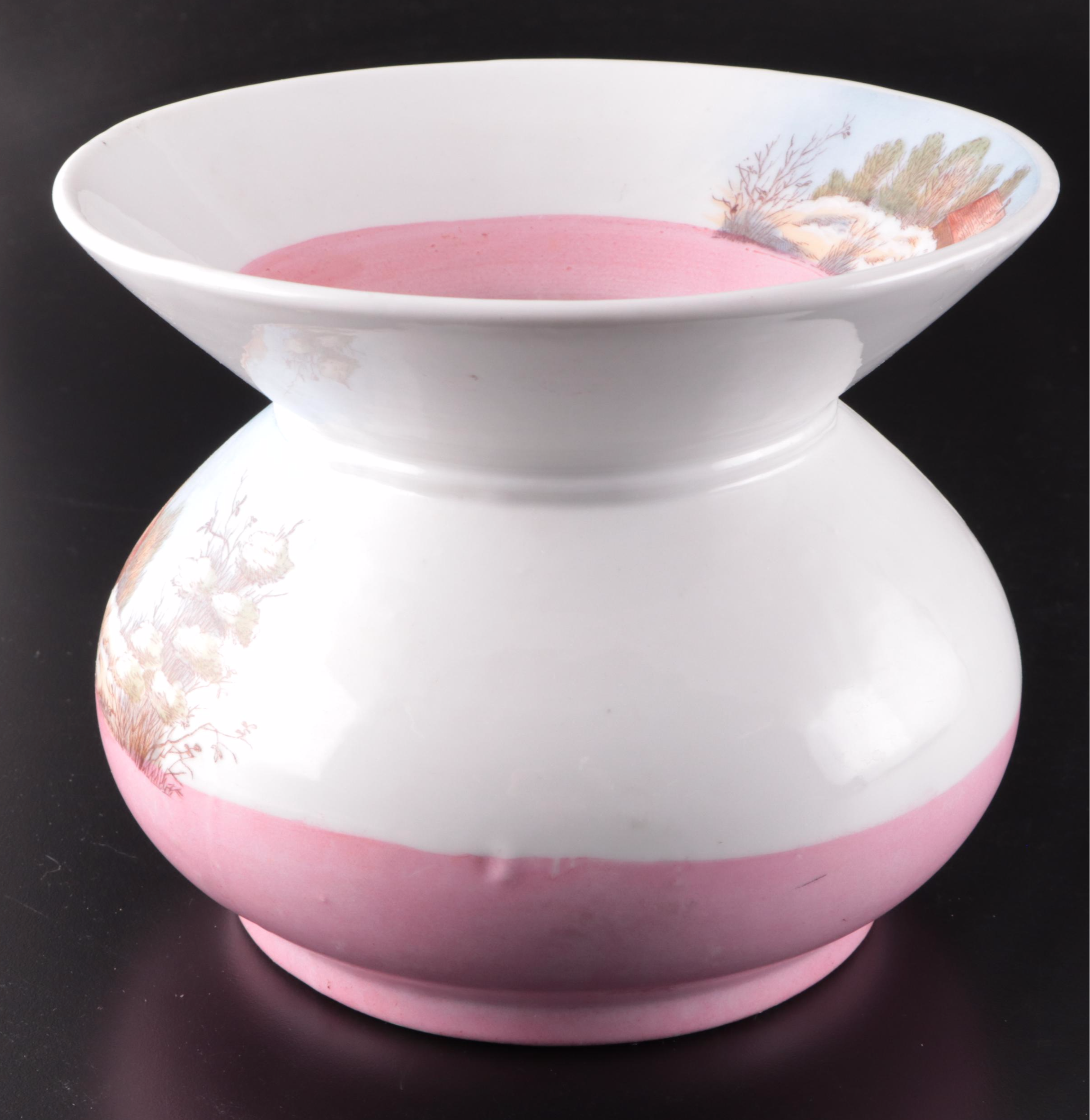 Ceramic Spittoon with Painted Snowy Scene and More