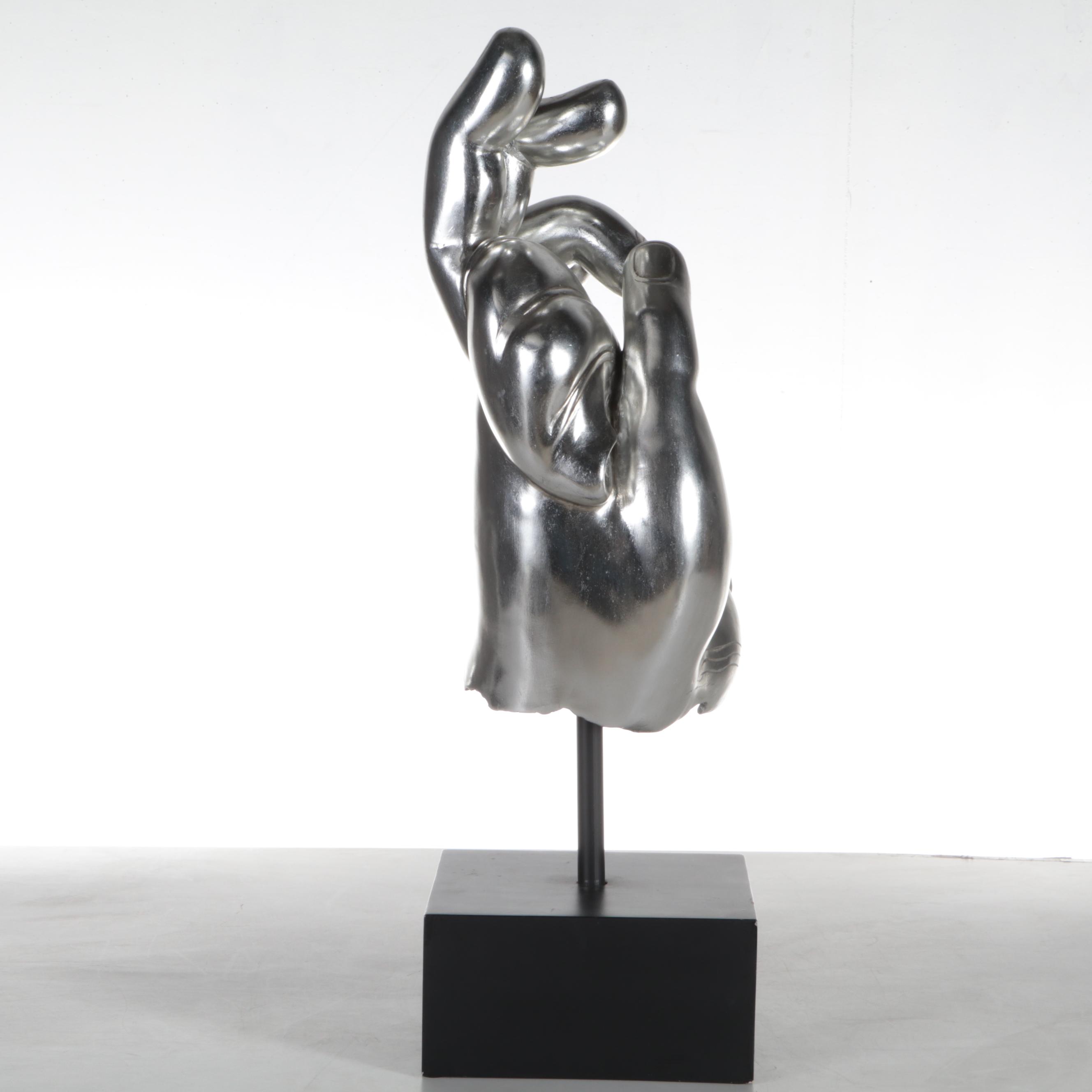 Metal Hand Sculpture on Painted Black Stand, 21st Century