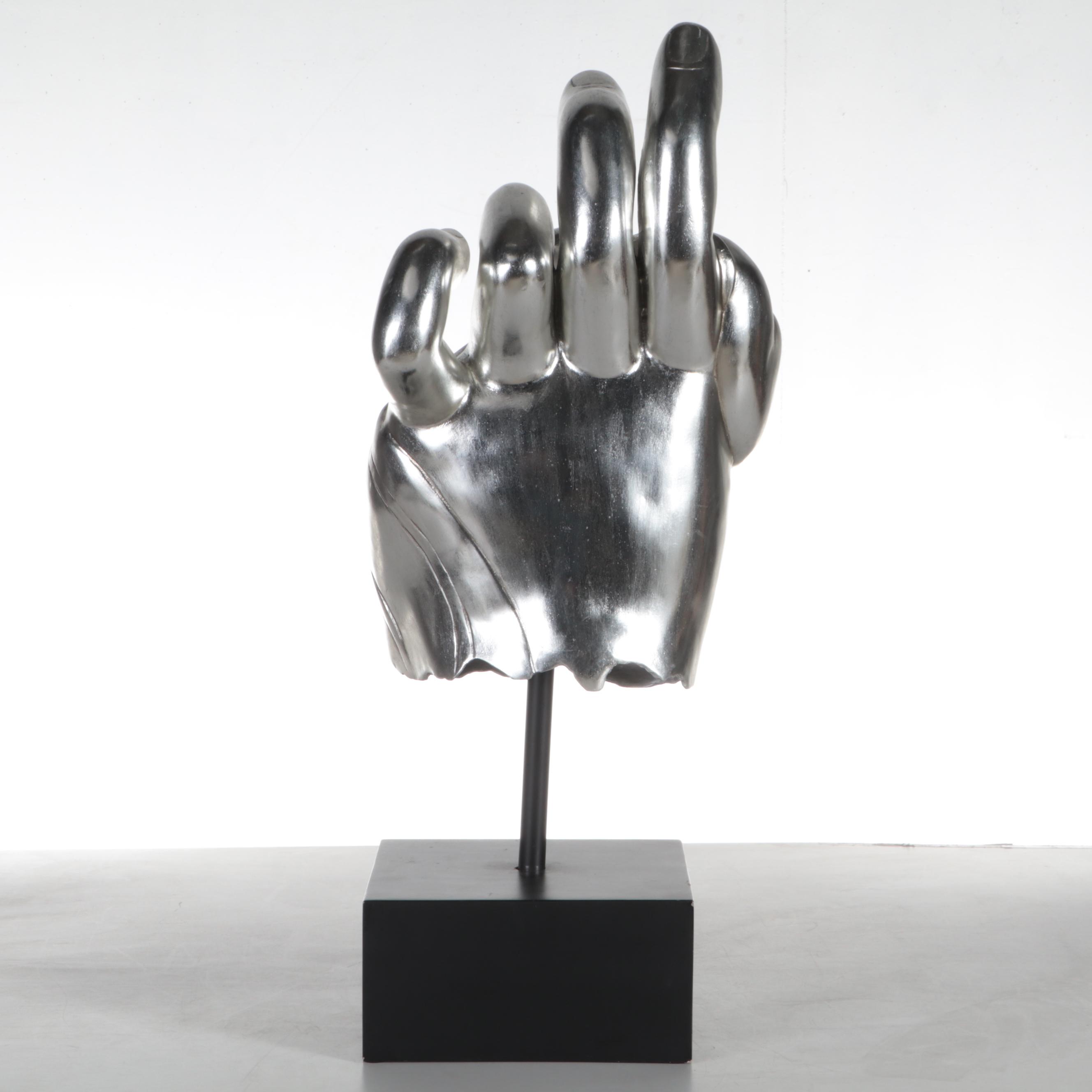 Metal Hand Sculpture on Painted Black Stand, 21st Century