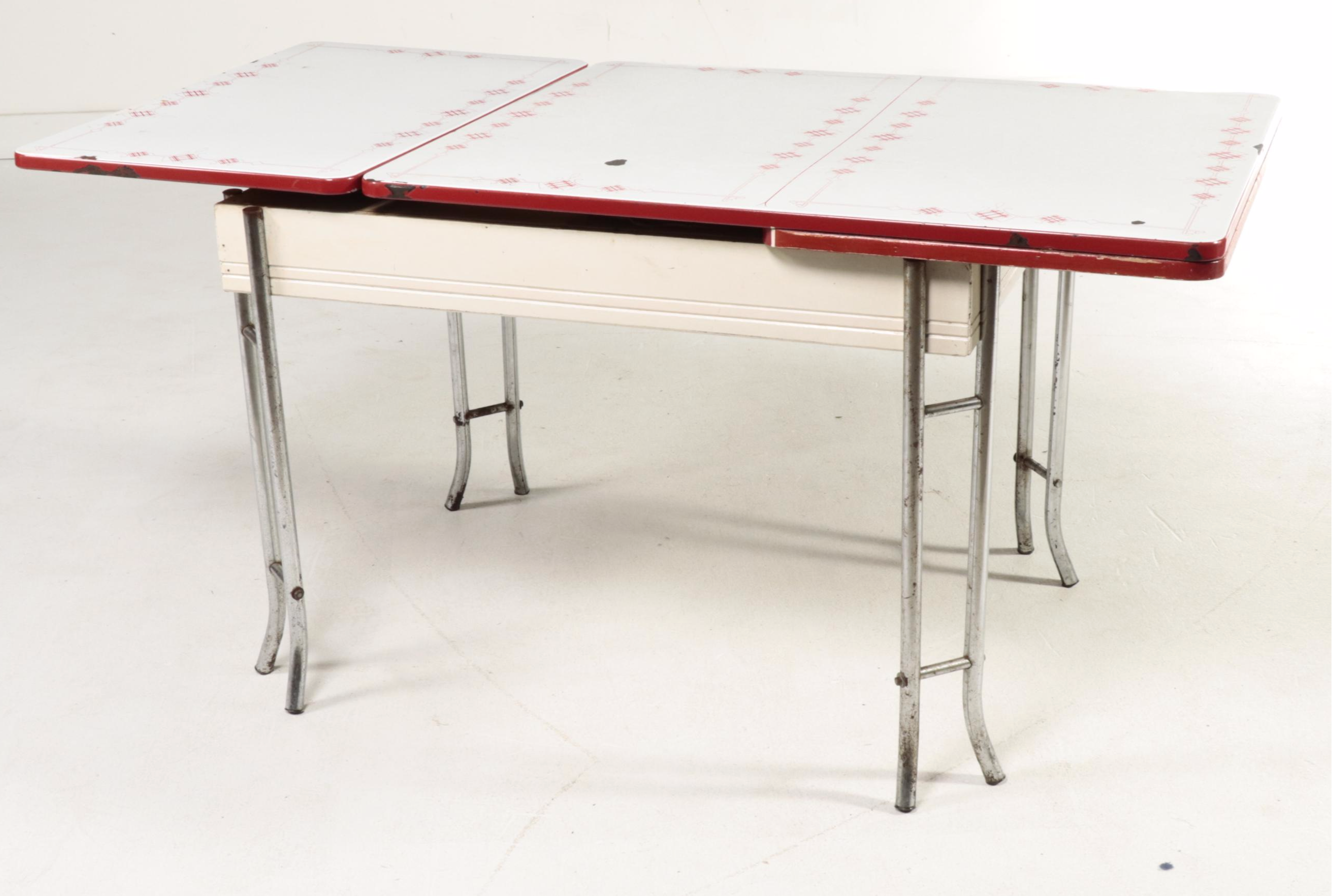 Enameled Top and Chromed Metal Draw Leaf Dining Table, 1950s