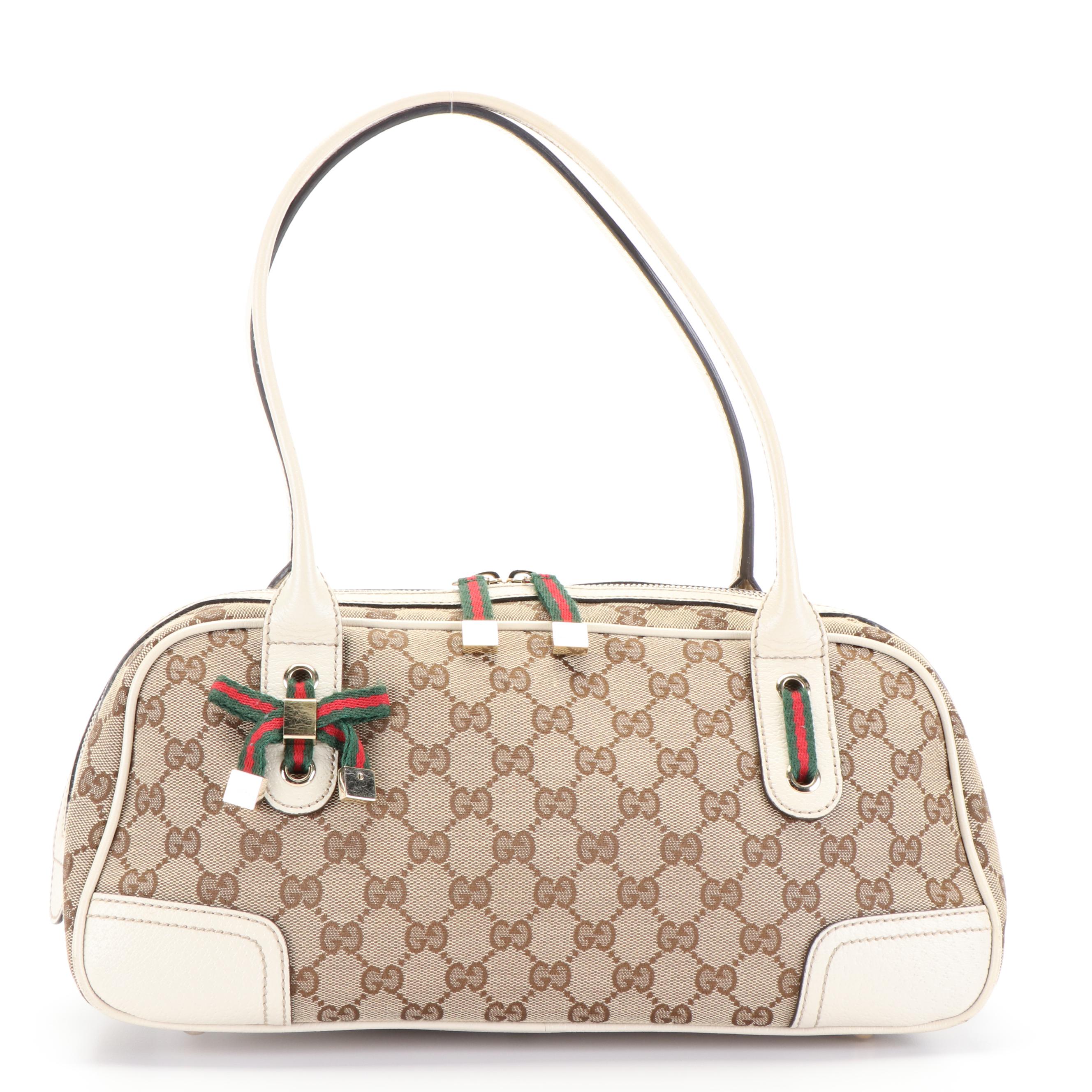 Gucci GG Princy Boston Small Handbag in GG Canvas and Cinghiale Leather
