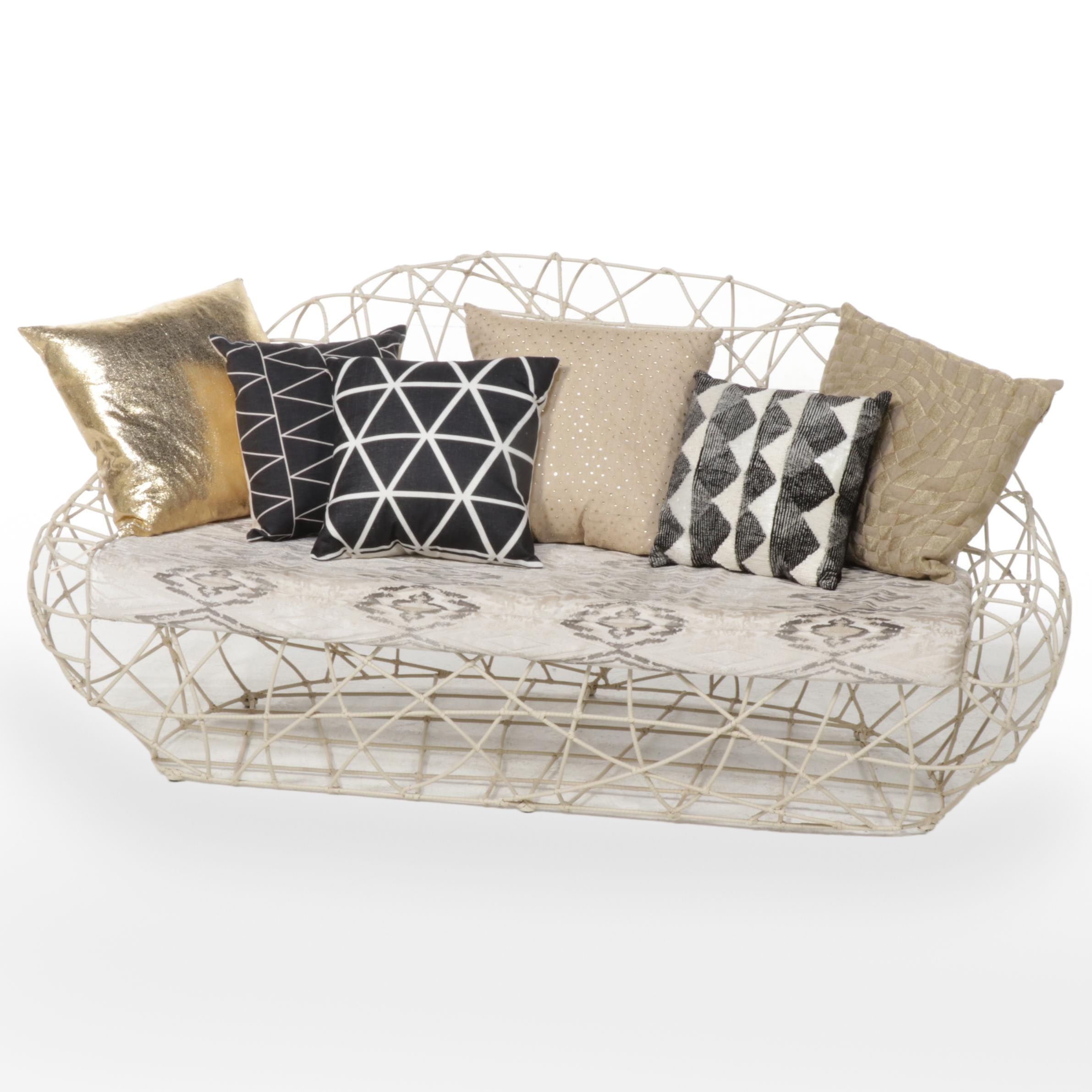 Vinyl Spiral Wrapped Wire Sofa with Ikat Cushion and Accent Pillows