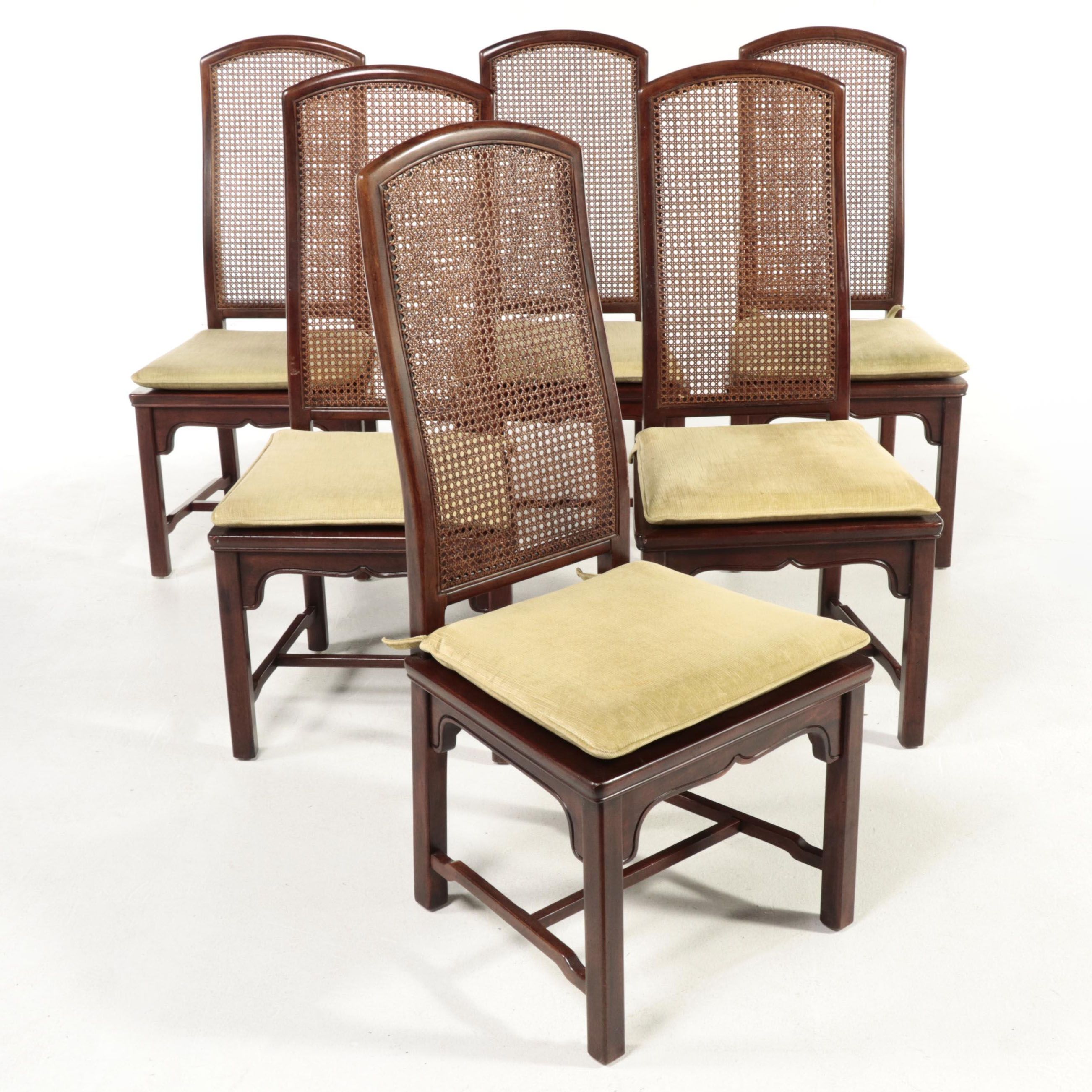 Six Henredon Chinese Style Hardwood and Caned Dining Side Chairs