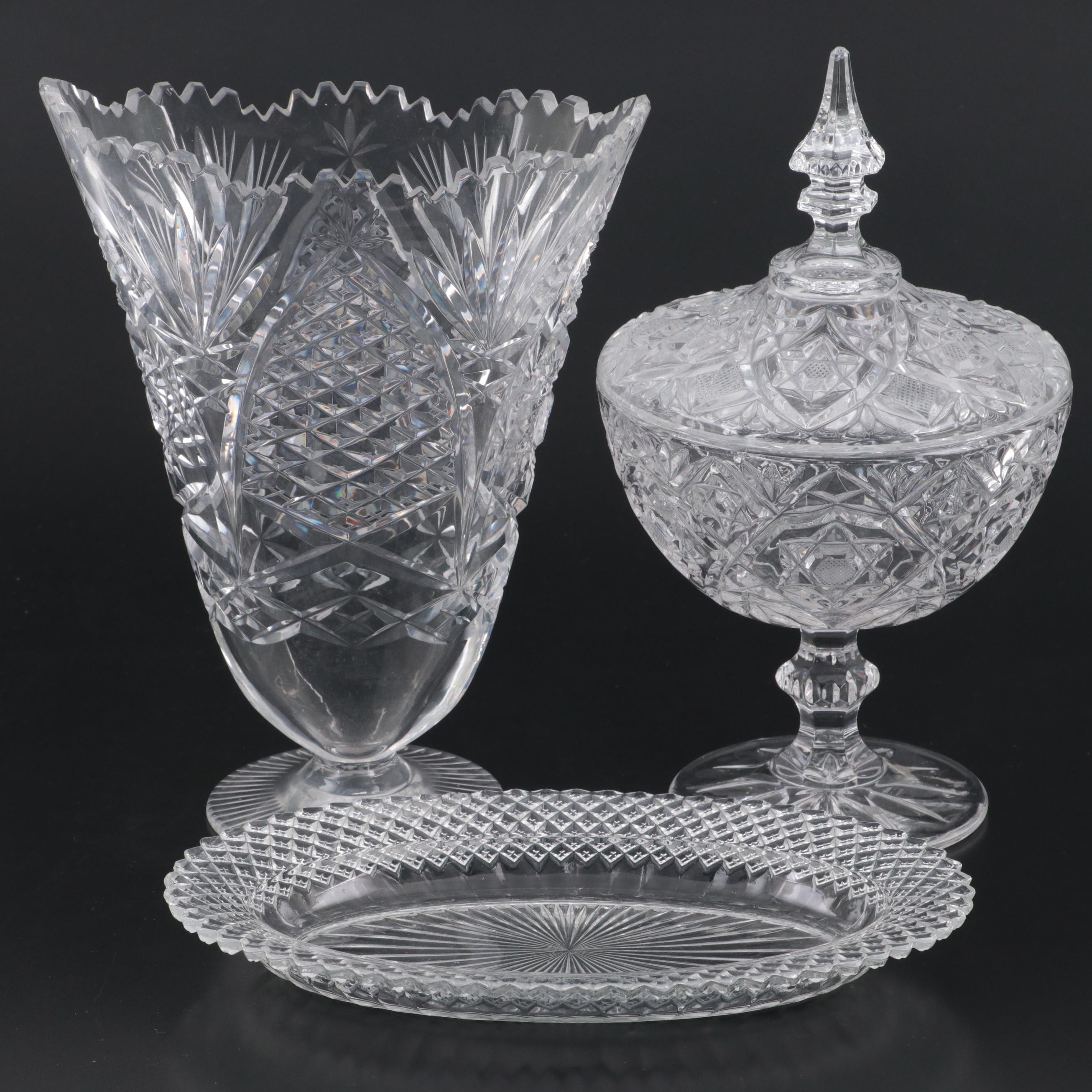 Pressed Glass Candy Dish, Vase, and Tray