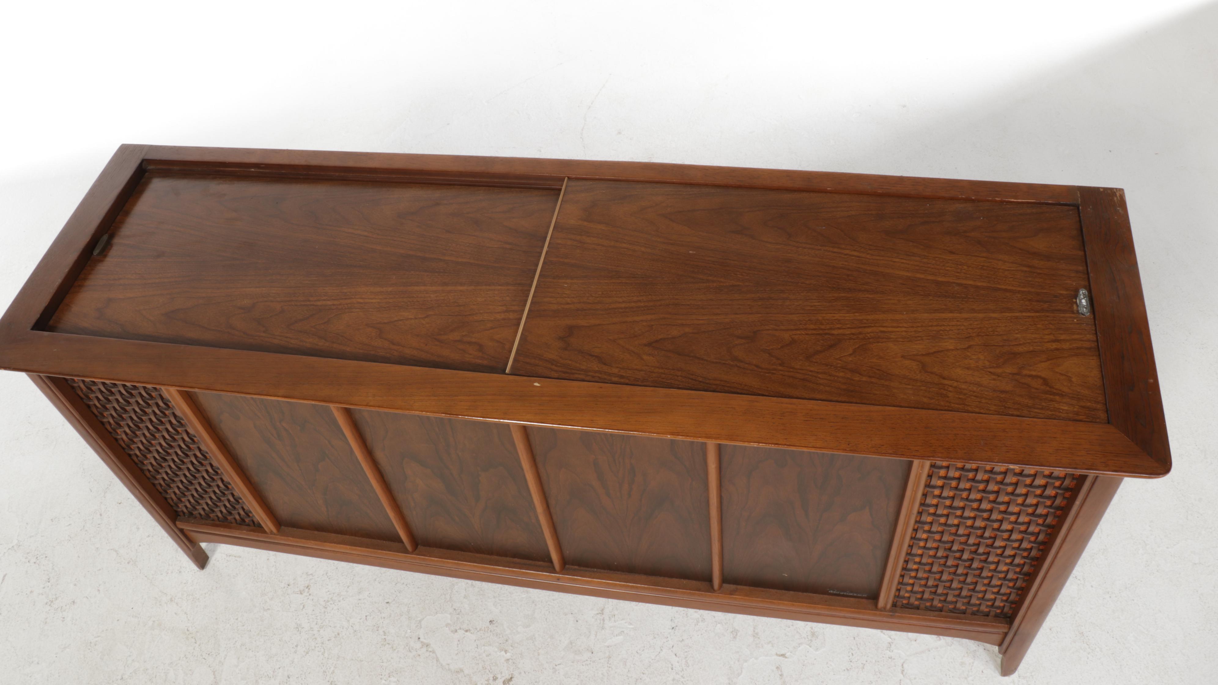MCM Magnavox Walnut Console Cabinet With Radio, Turntable, Vinyl Records