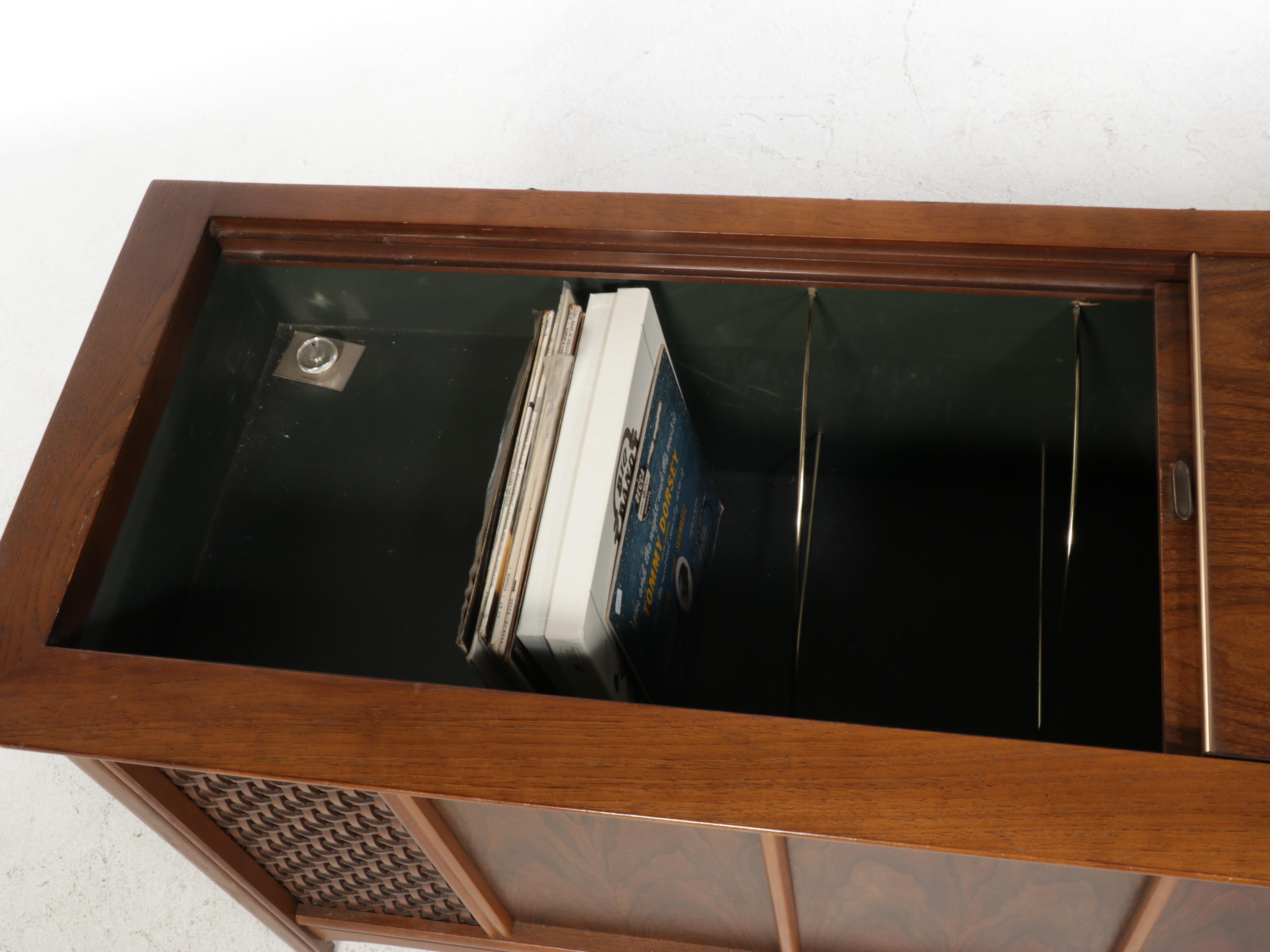 MCM Magnavox Walnut Console Cabinet With Radio, Turntable, Vinyl Records