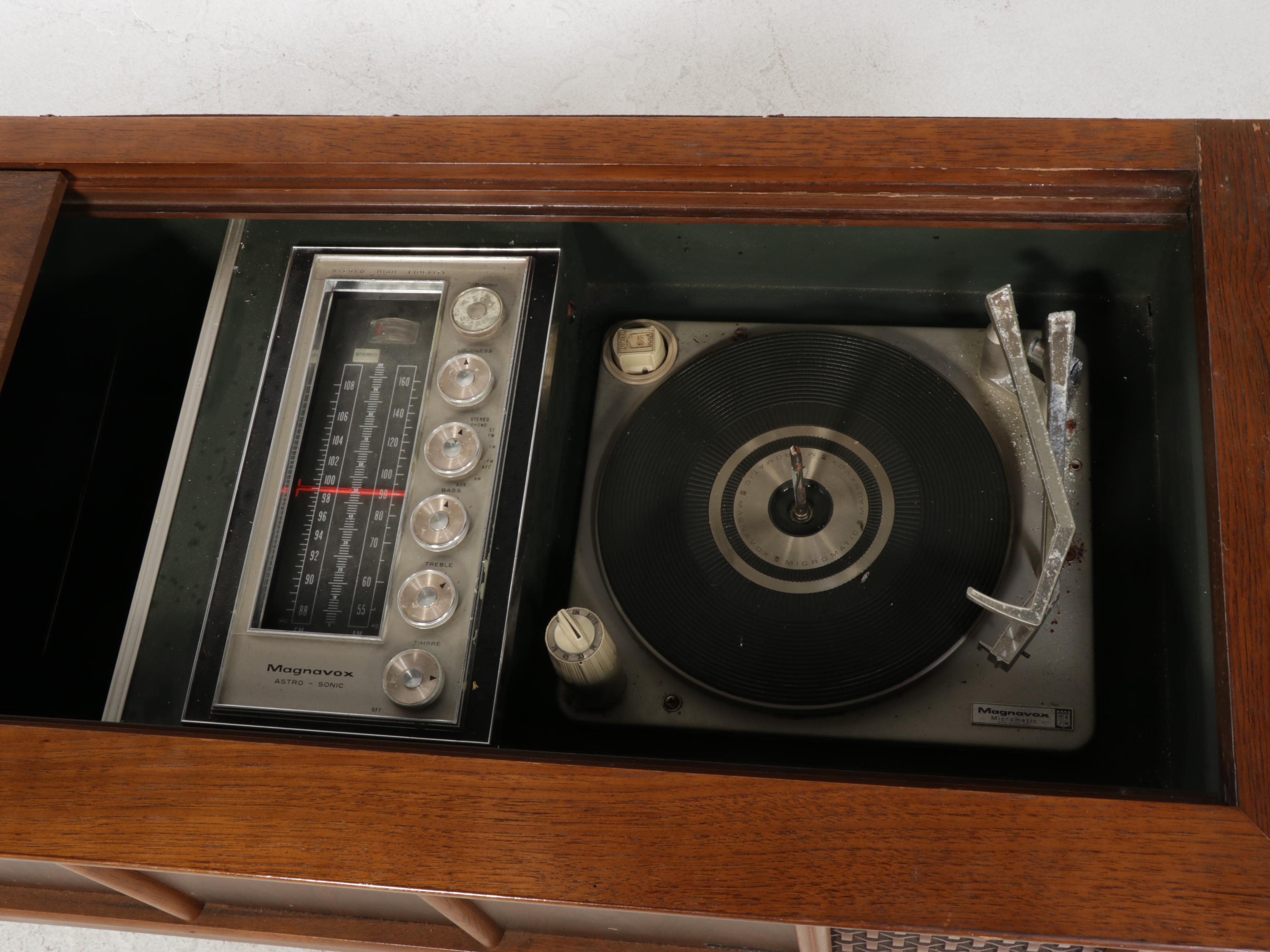 MCM Magnavox Walnut Console Cabinet With Radio, Turntable, Vinyl Records