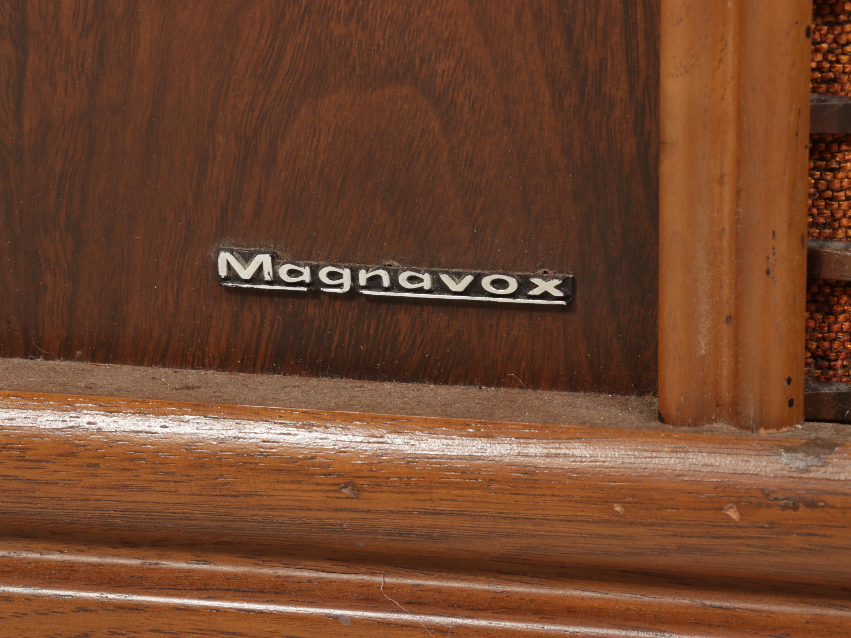 MCM Magnavox Walnut Console Cabinet With Radio, Turntable, Vinyl Records