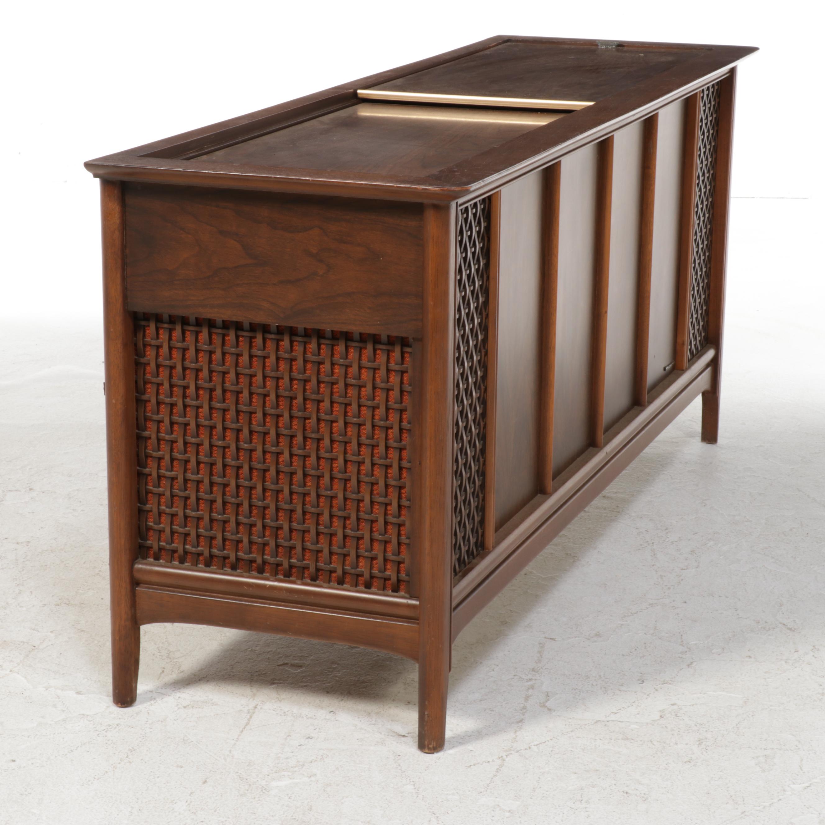 MCM Magnavox Walnut Console Cabinet With Radio, Turntable, Vinyl Records