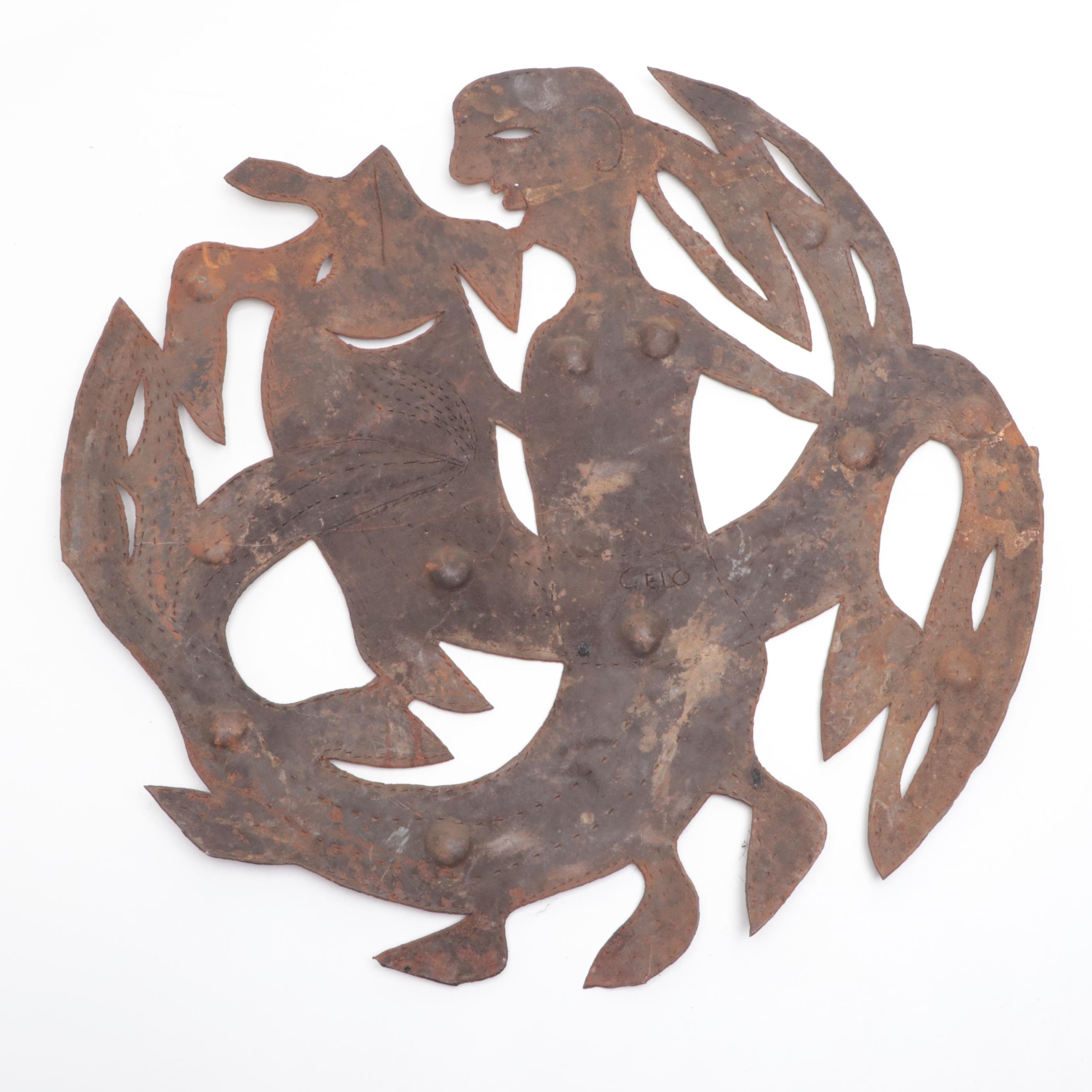Haitian Cut Metal Wall Sculpture of Mermaid and Fish