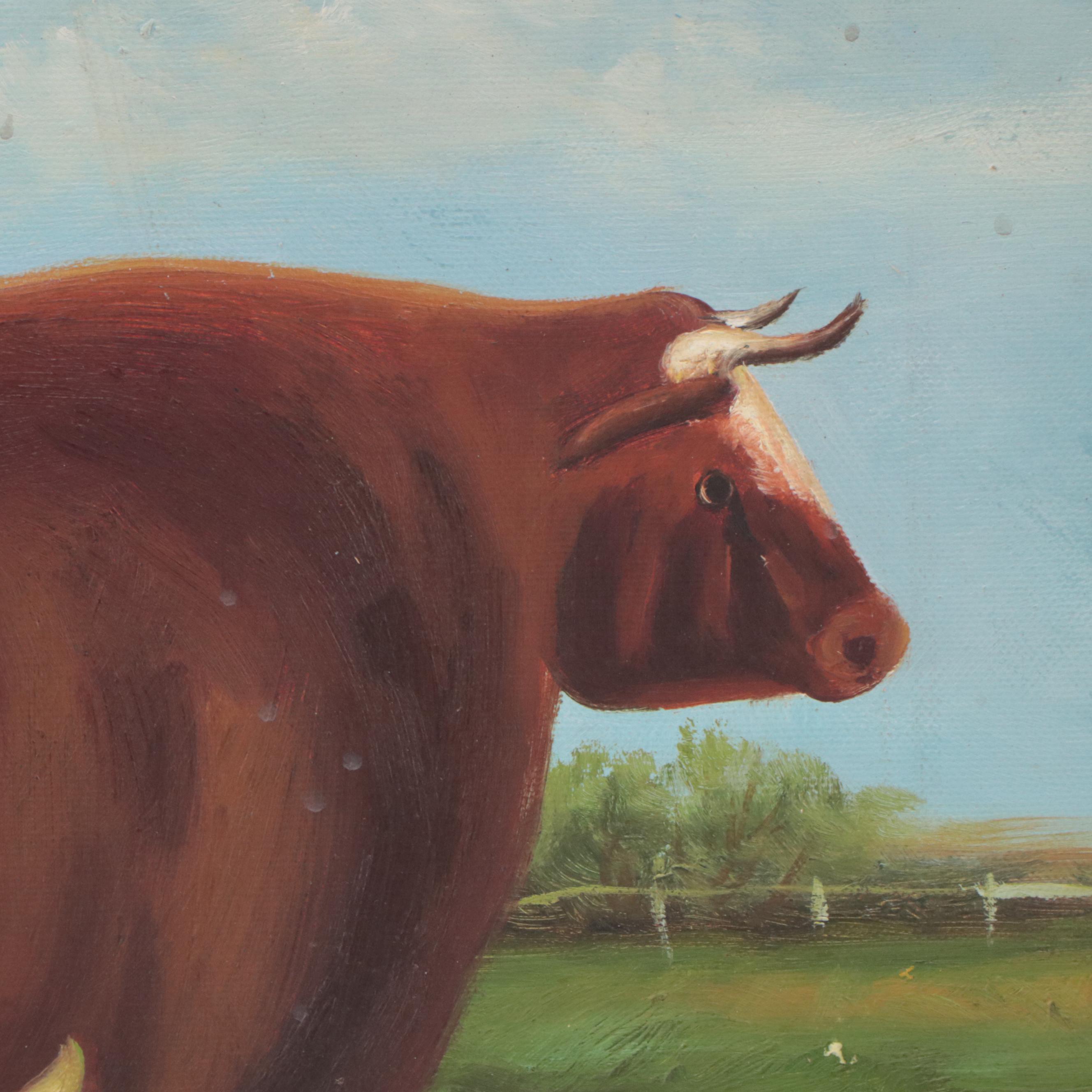 American School Folk Art Painting of Bull Portrait