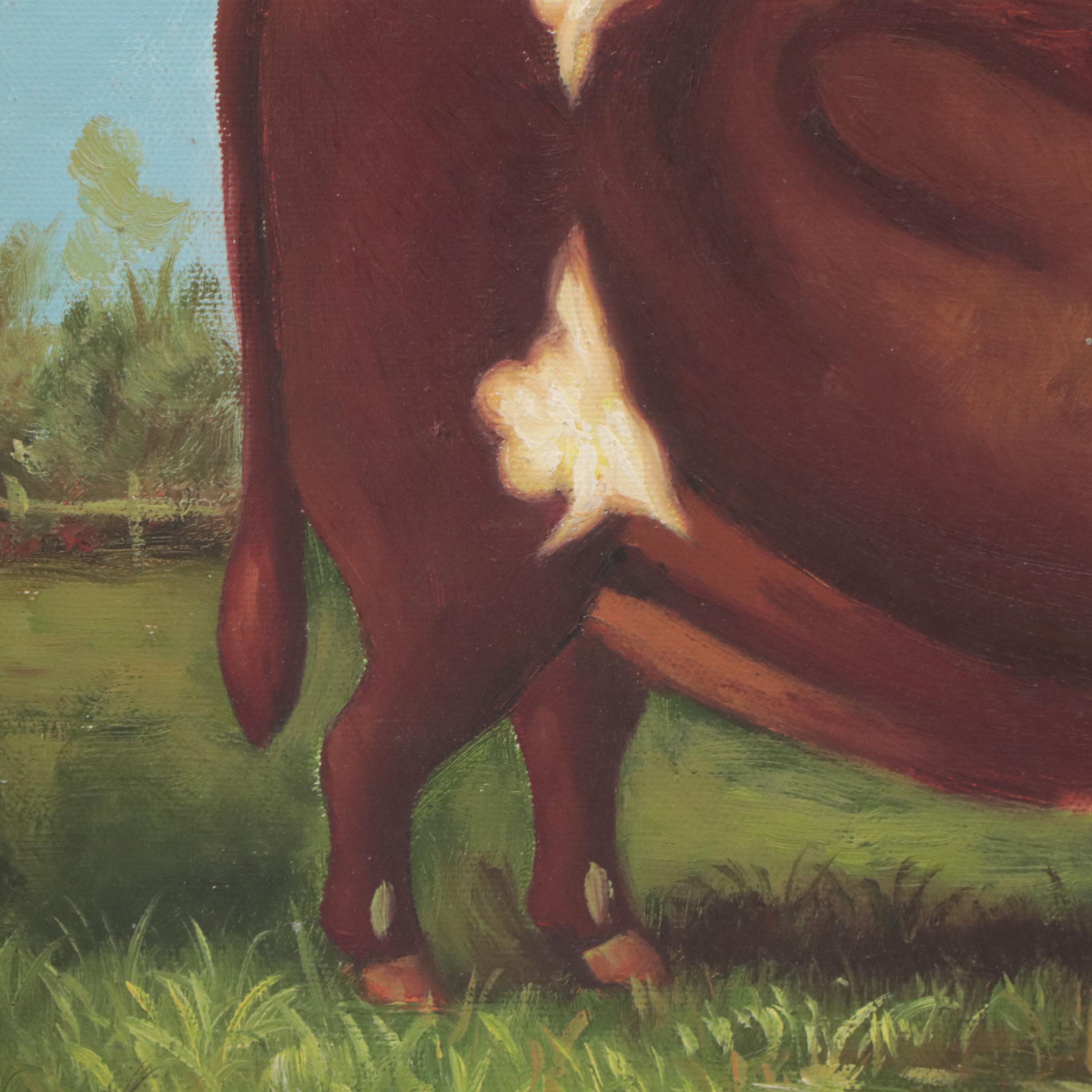 American School Folk Art Painting of Bull Portrait