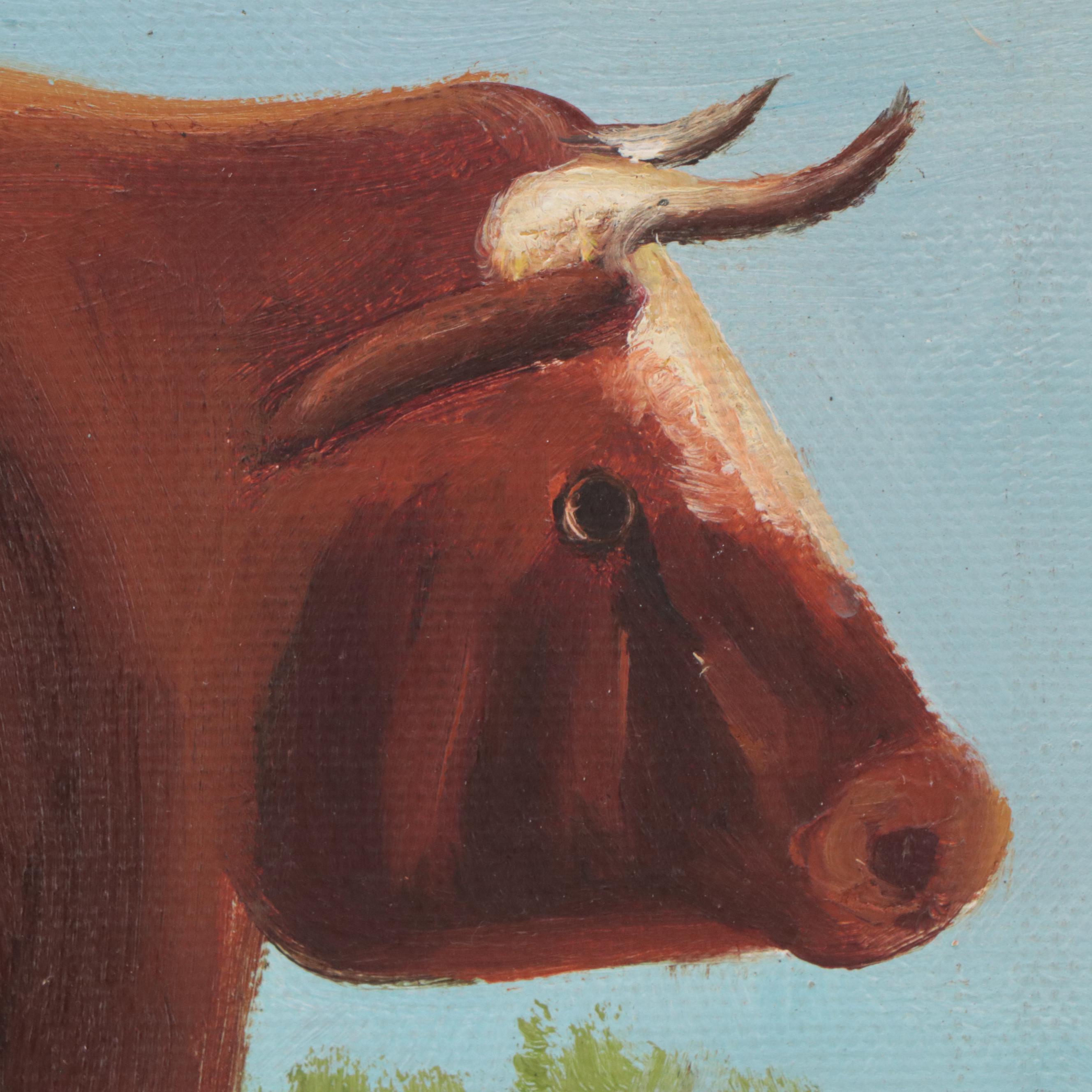 American School Folk Art Painting of Bull Portrait