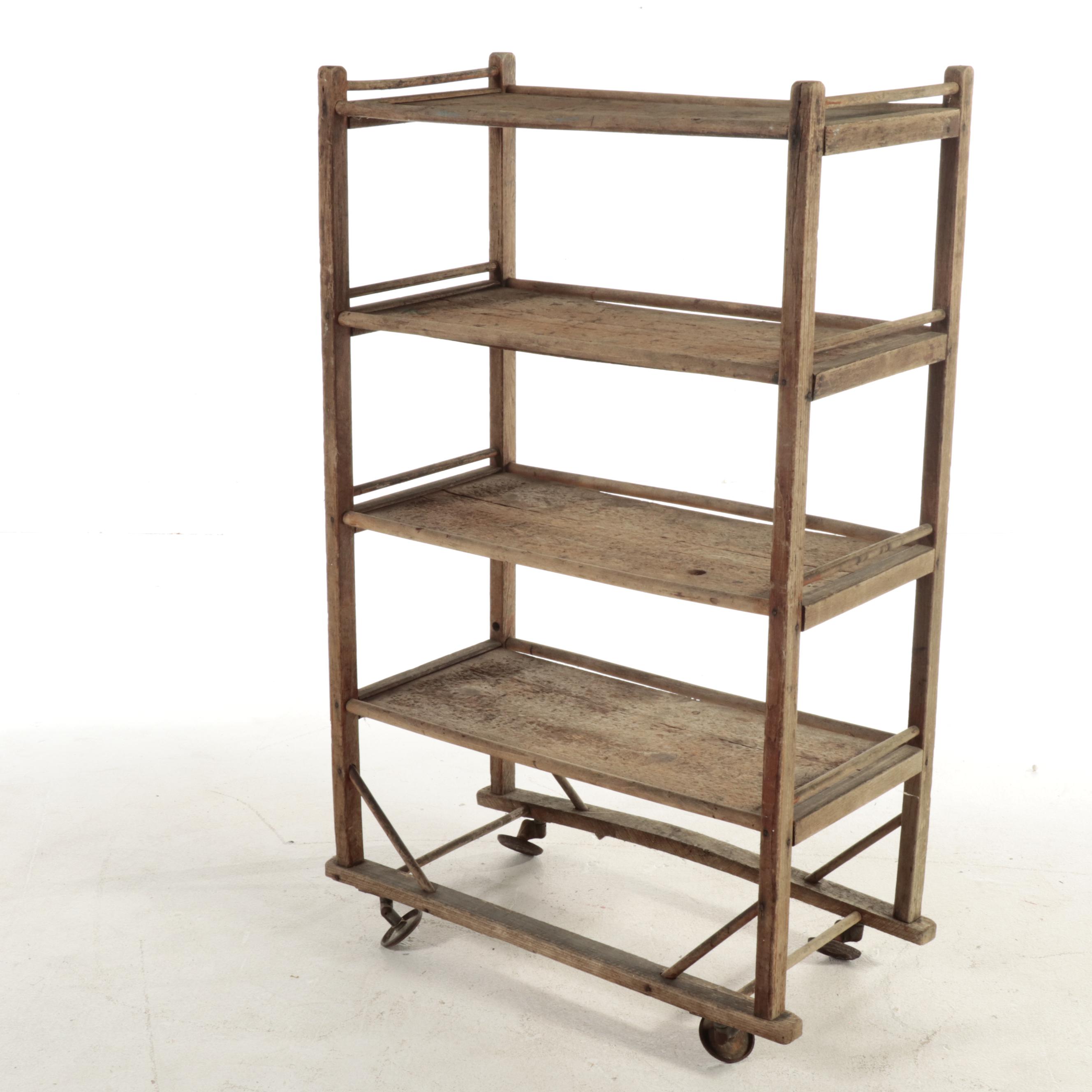 Wooden Four-Tier Industrial Cart on Angled Casters, Early 20th C