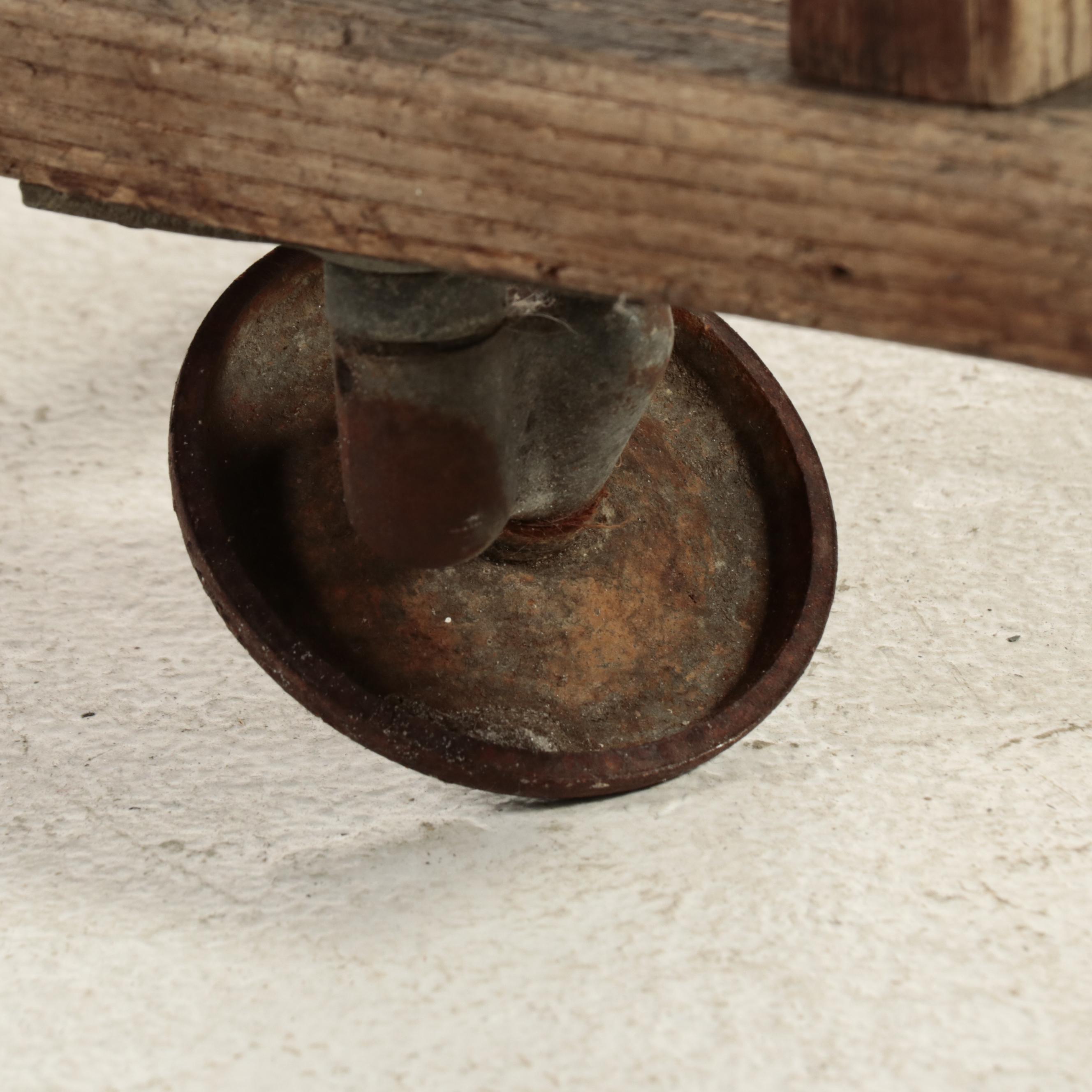 Wooden Four-Tier Industrial Cart on Angled Casters, Early 20th C