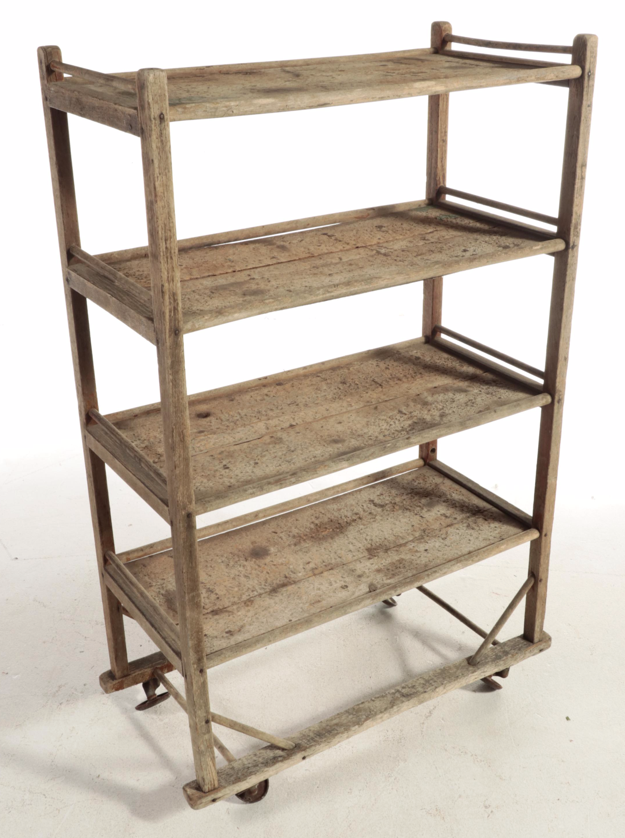 Wooden Four-Tier Industrial Cart on Angled Casters, Early 20th C
