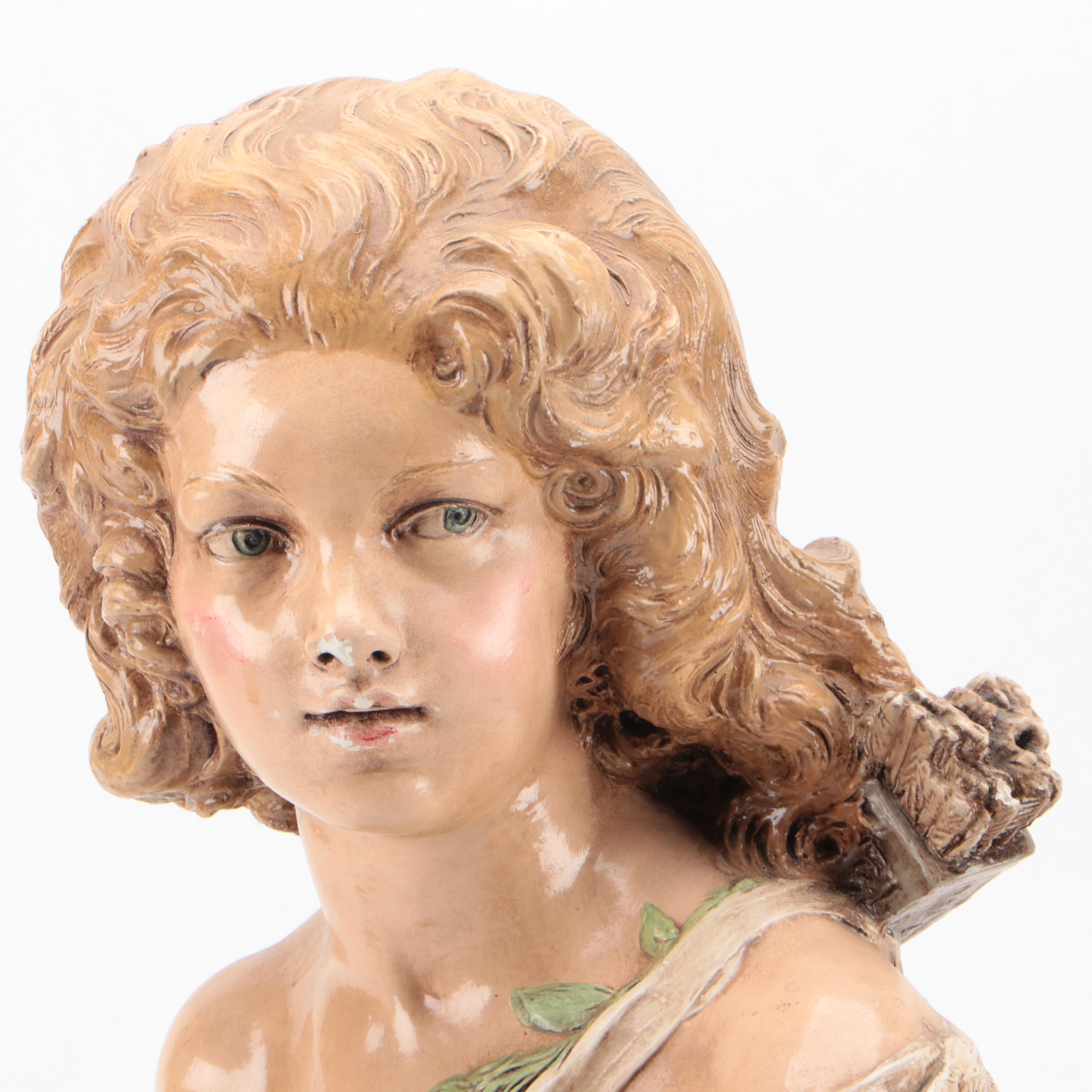 Baroque Style Paint-Decorated Cast Plaster Bust of Girl, Early 20th Century