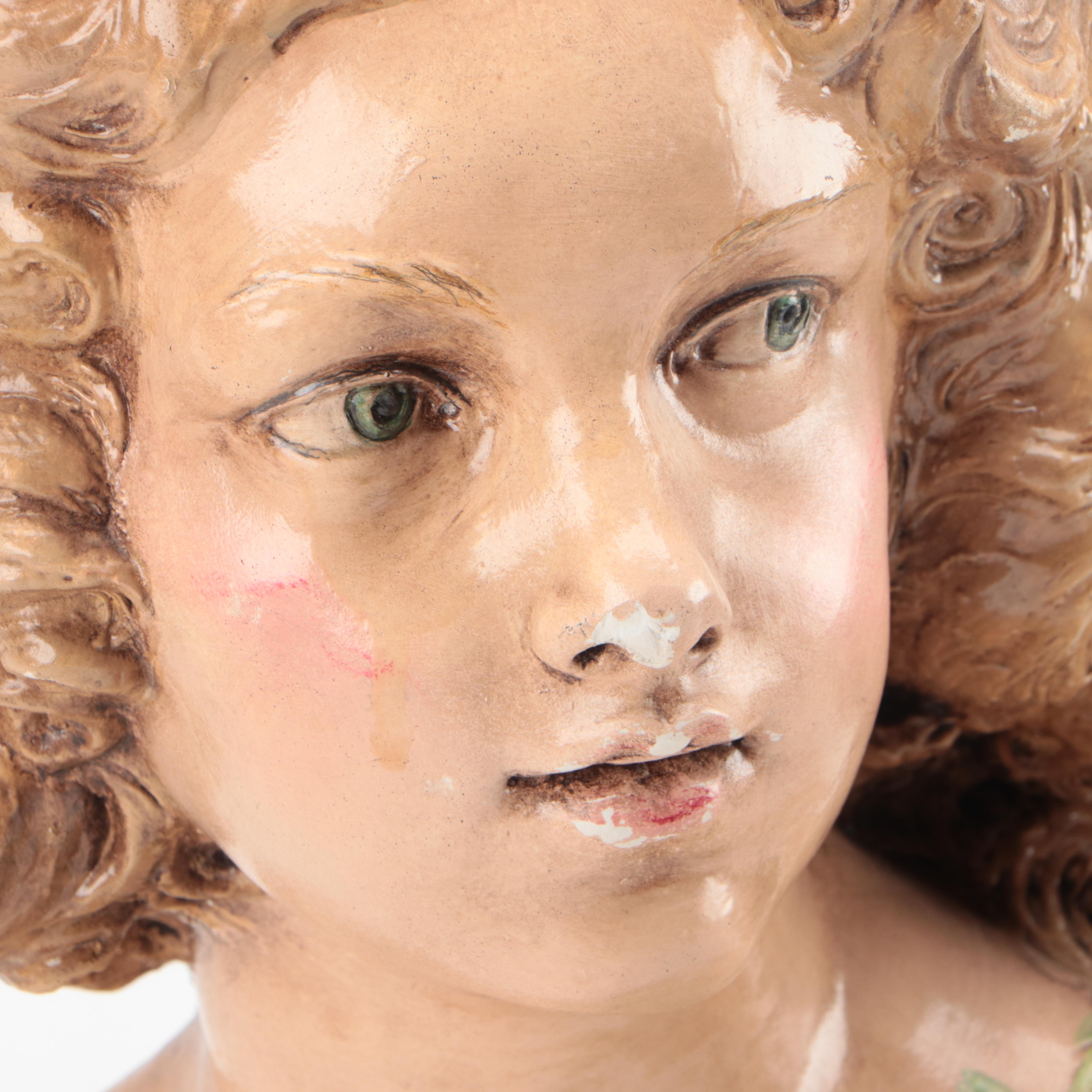 Baroque Style Paint-Decorated Cast Plaster Bust of Girl, Early 20th Century