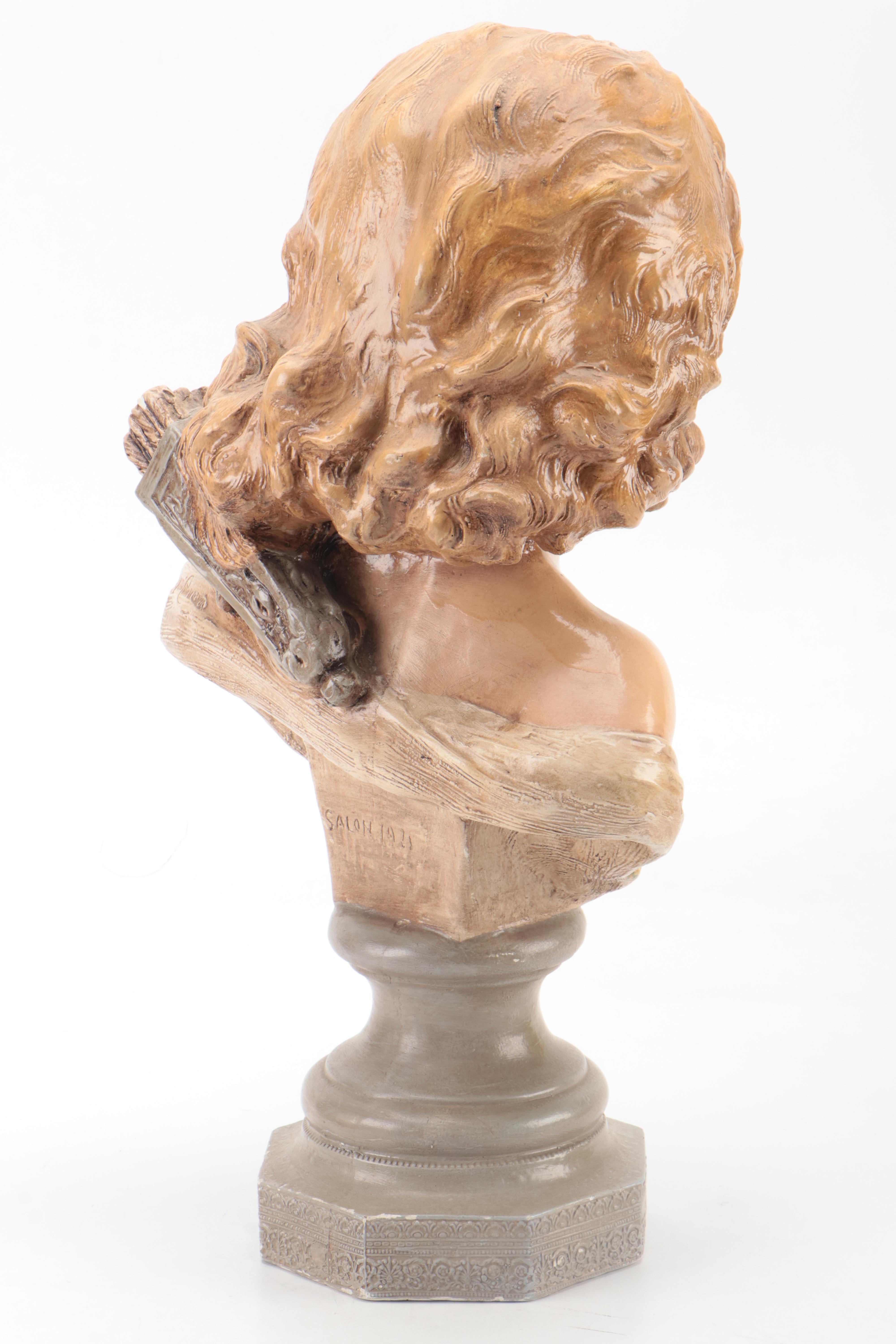 Baroque Style Paint-Decorated Cast Plaster Bust of Girl, Early 20th Century