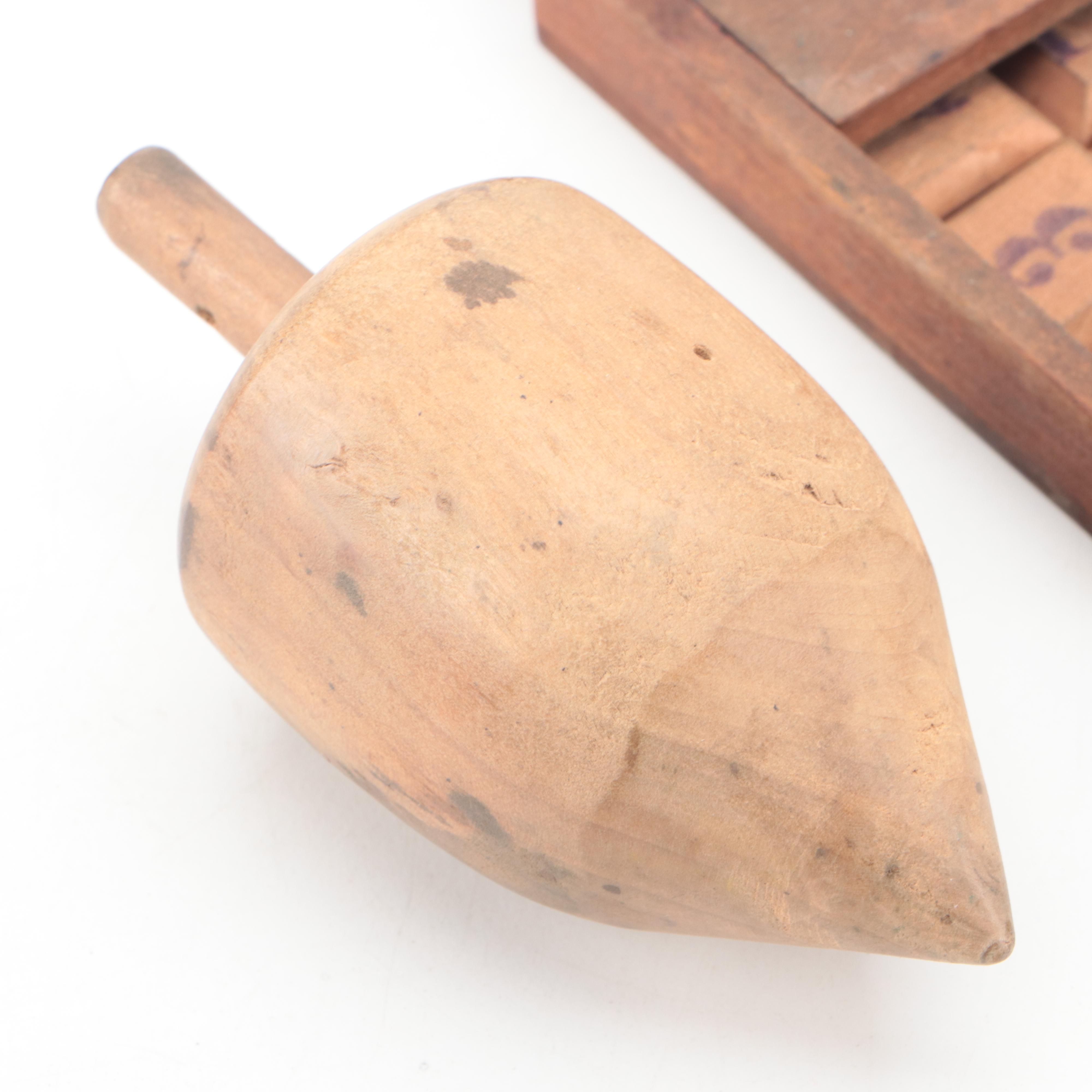Trilobite Wooden Box with Number Tiles and Carved Wood Spinning Tops