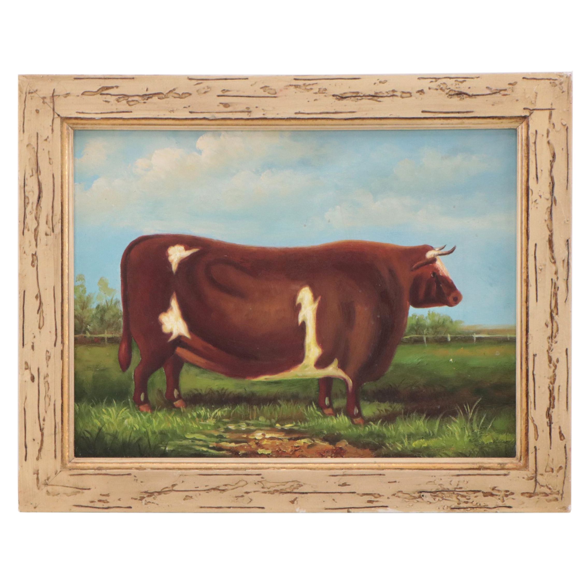 American School Folk Art Painting of Bull Portrait