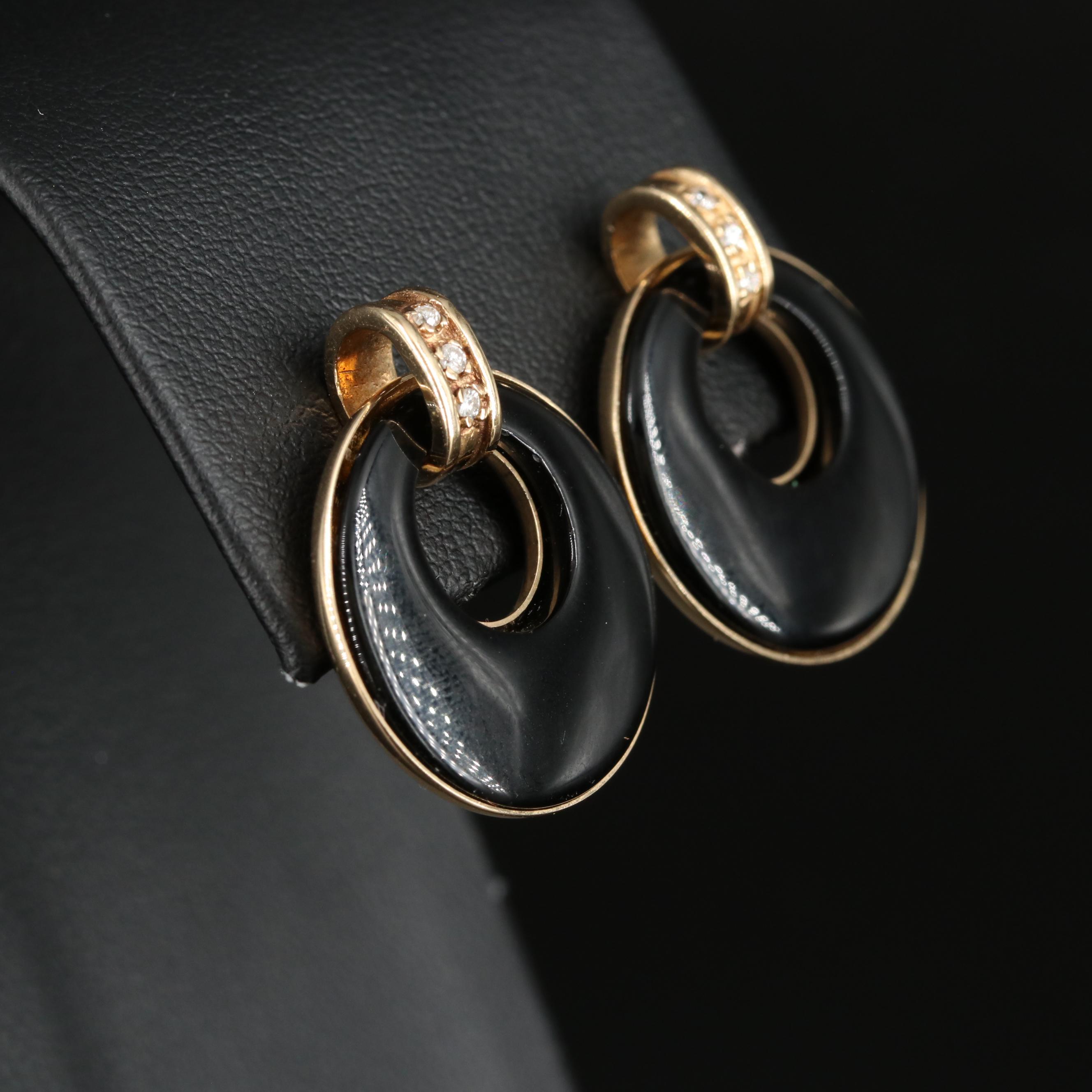 14K Diamond and Onyx Door Knocker Earrings