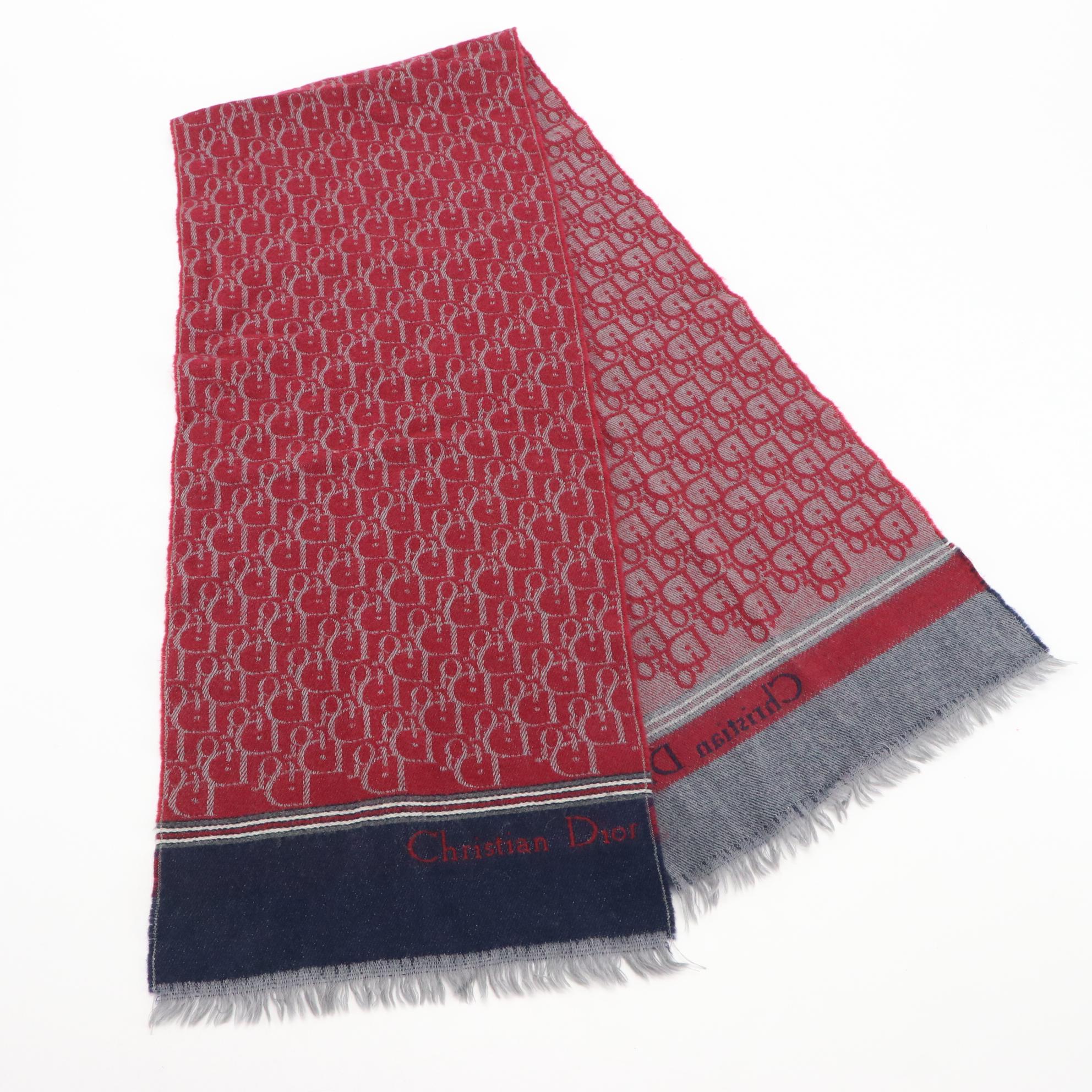 Christian Dior Monogrammed Fringe Scarf in Red/Blue Wool | EBTH