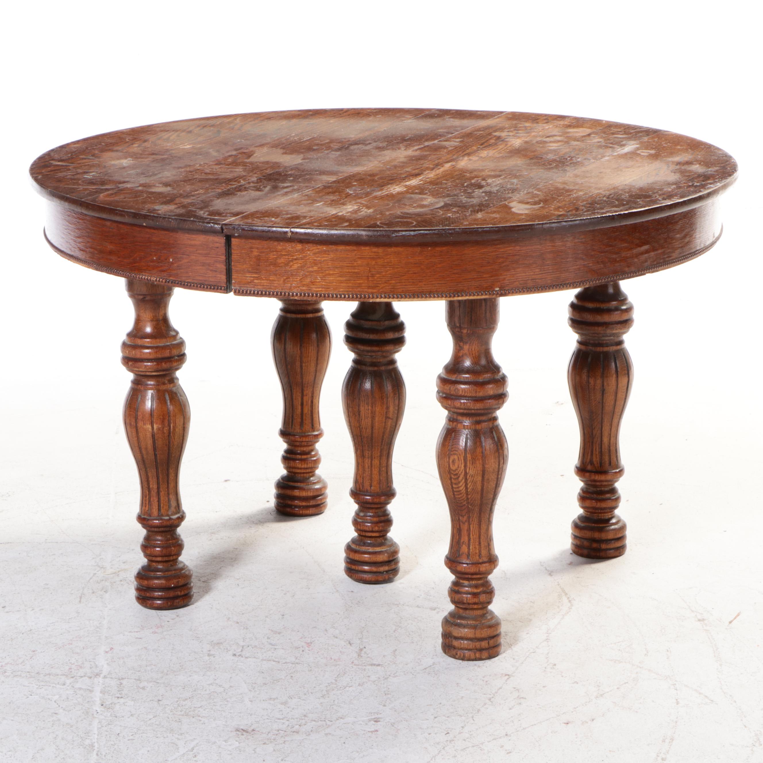 Late Victorian Oak Round Dining Table and Five Side Chairs