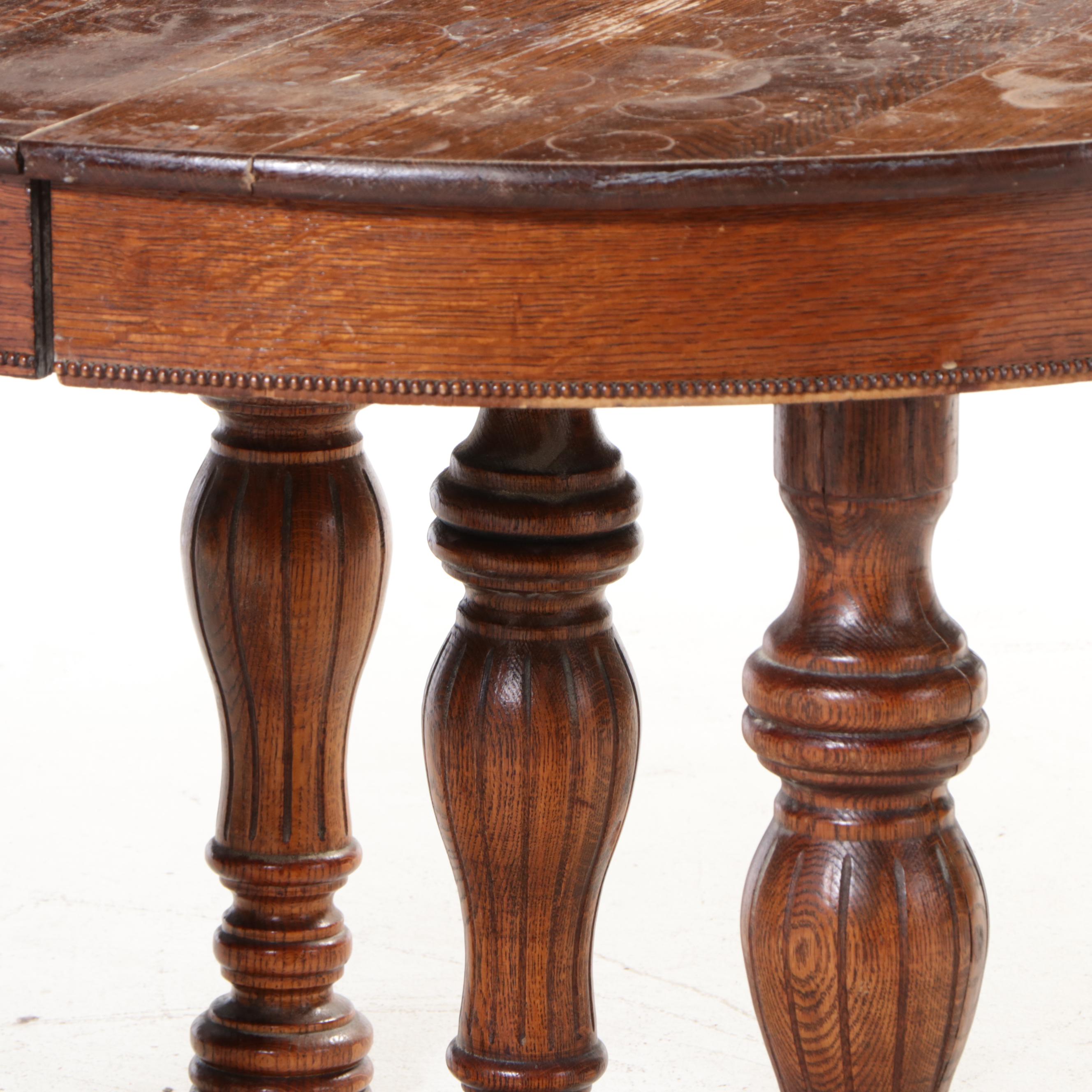 Late Victorian Oak Round Dining Table and Five Side Chairs