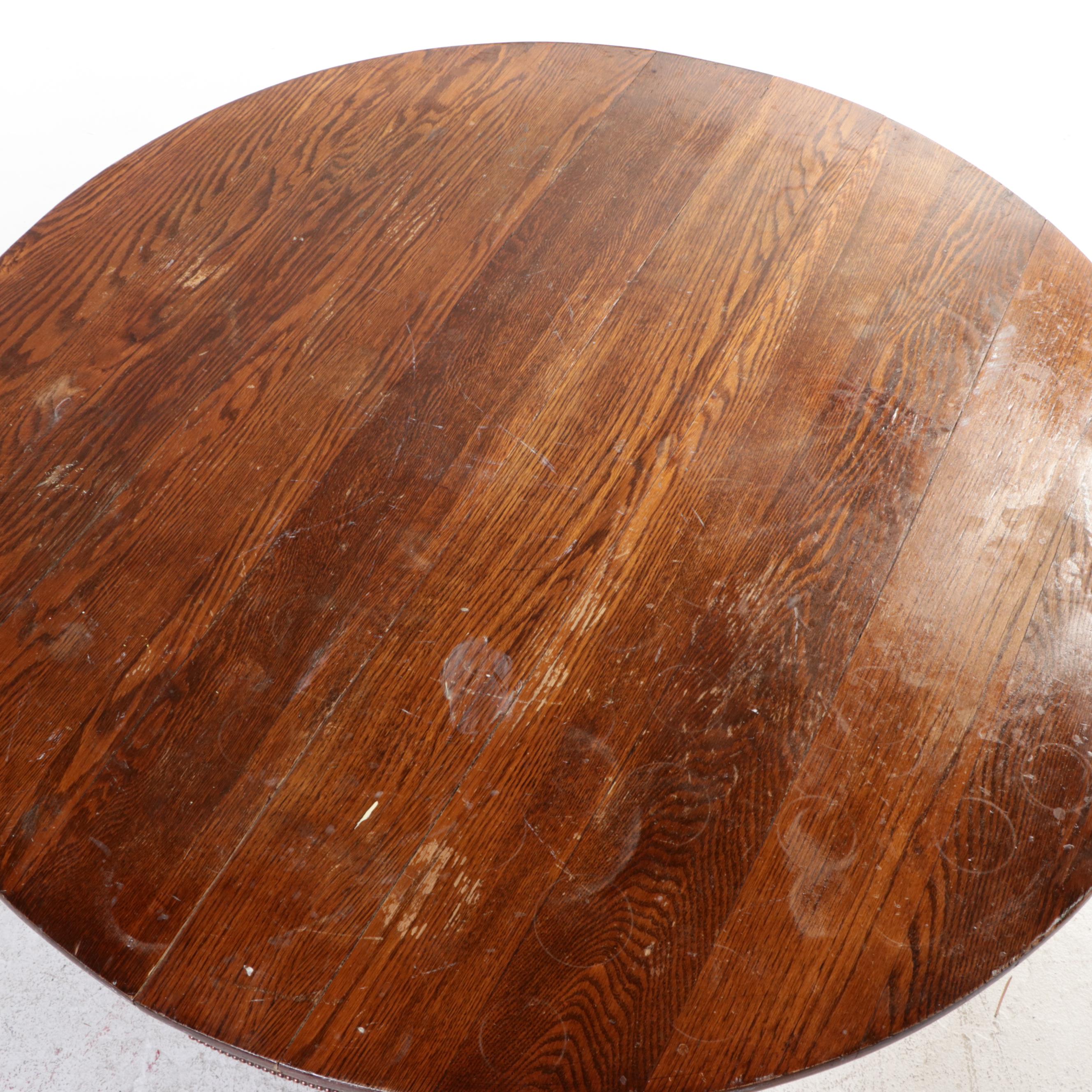 Late Victorian Oak Round Dining Table and Five Side Chairs