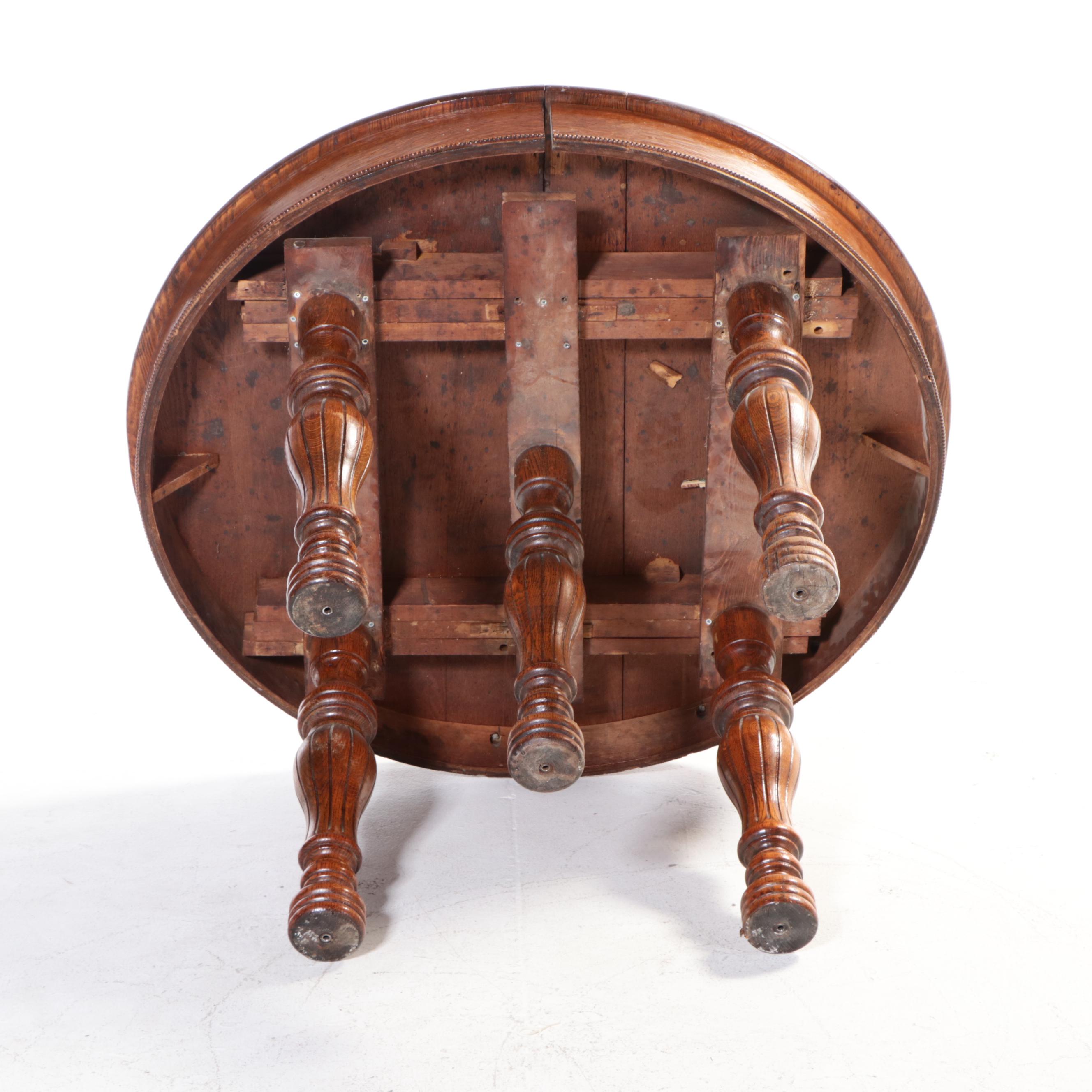 Late Victorian Oak Round Dining Table and Five Side Chairs