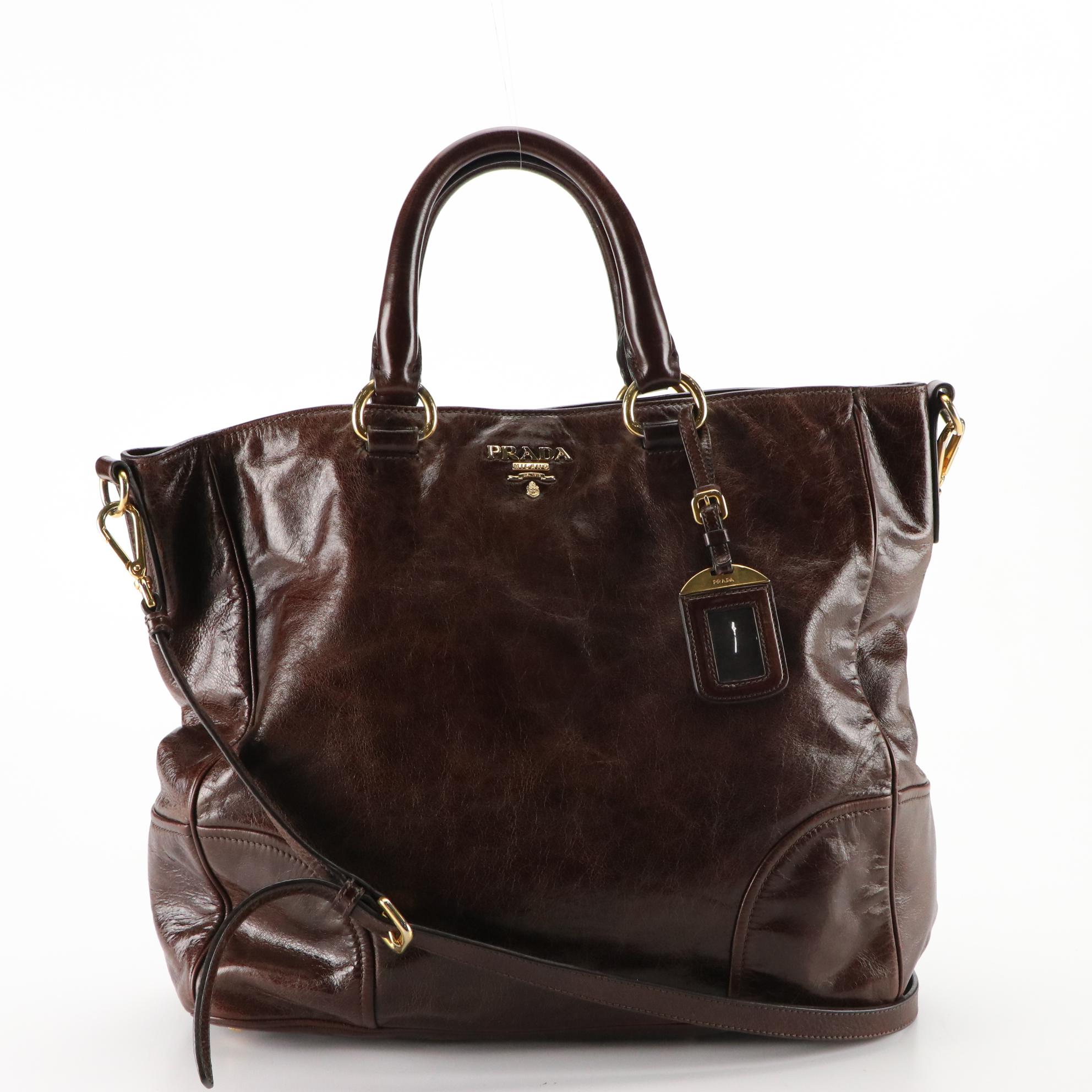 Prada Two-Way Tote Bag in Chocolate Brown Vitello Lux Leather
