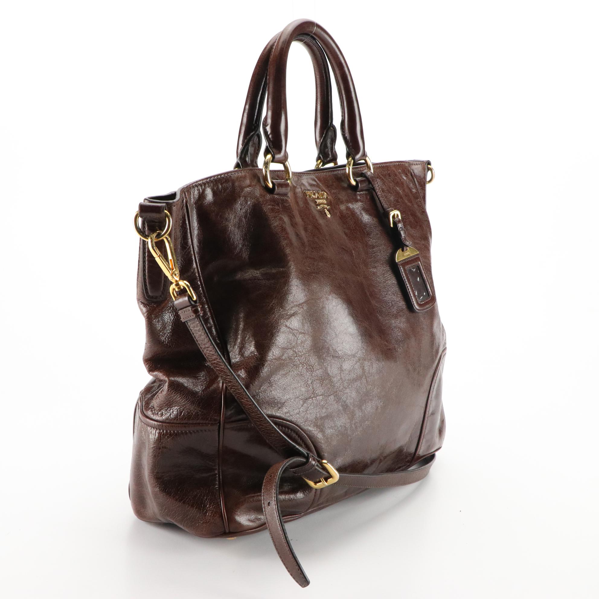 Prada Two-Way Tote Bag in Chocolate Brown Vitello Lux Leather